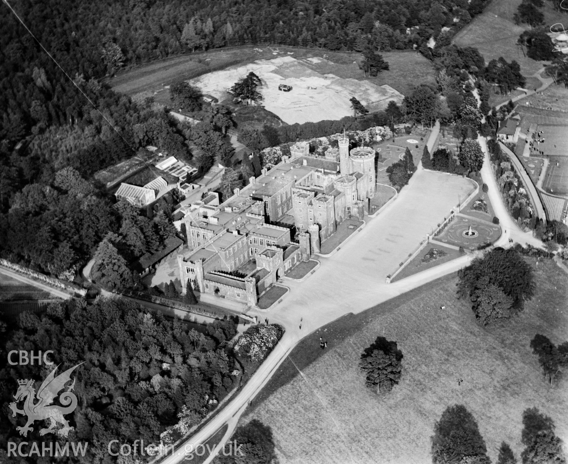View of Cyfarthfa Castle, Merthyr Tydfil, oblique aerial view. 5?x4? black and white glass plate negative.
