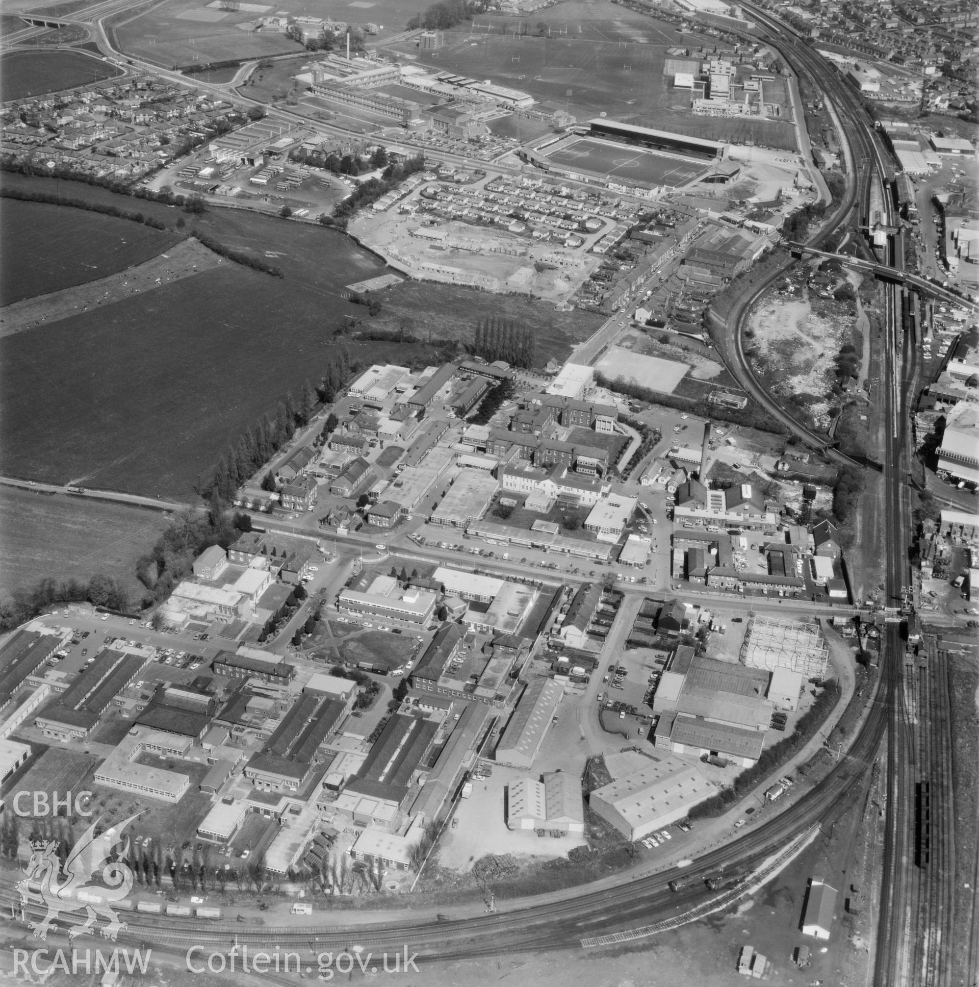 Black and white oblique aerial photograph showing the Croesnewydd area of Wrexham,  from Aerofilms album, taken by Aerofilms Ltd and dated 1977.