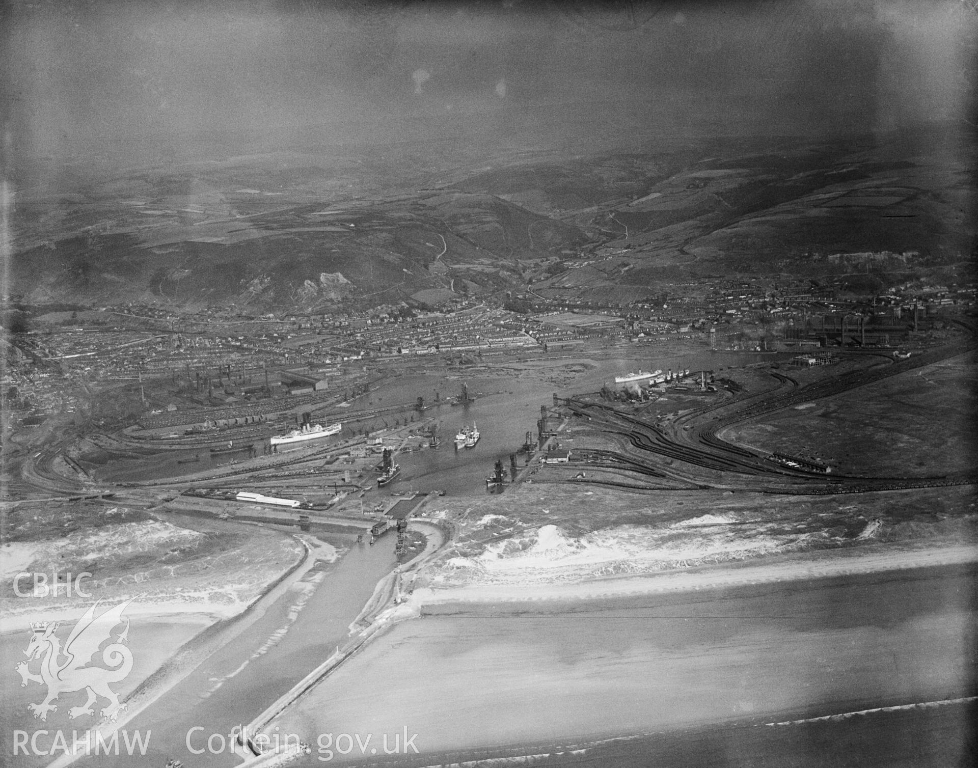 Port Talbot docks Great Western Railway, oblique aerial view.