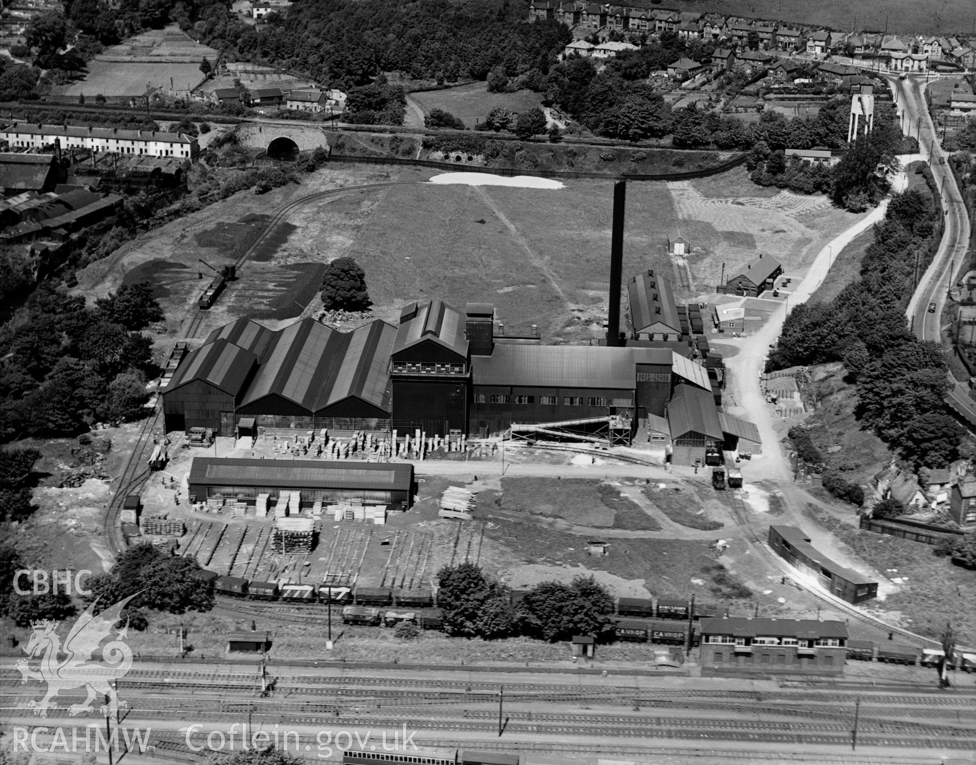 View of Pilkington Brothers Ltd., Pontypool Works, oblique aerial view. 5?x4? black and white glass plate negative.