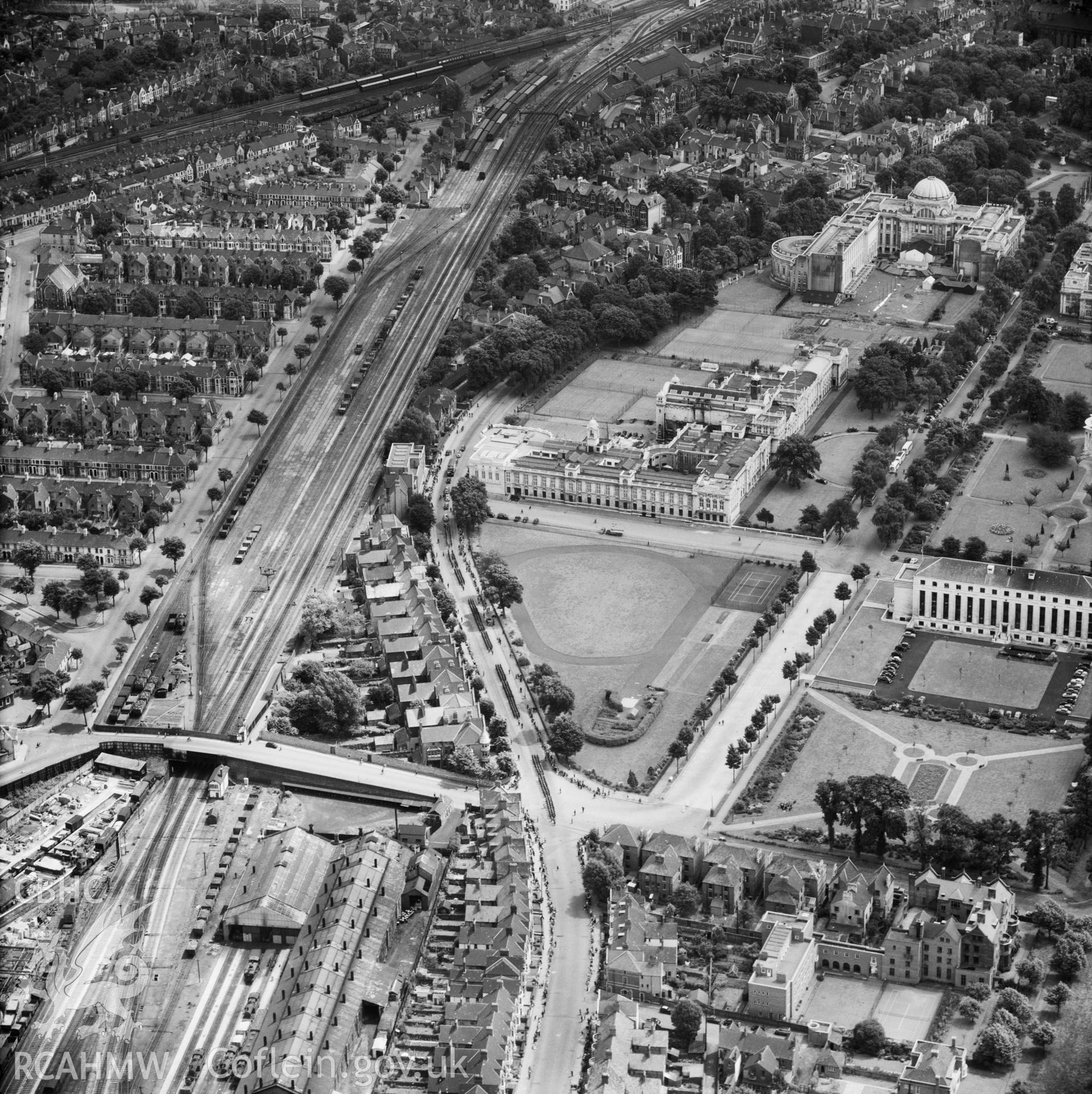 Black and white oblique aerial photograph showing Cathays Park, Cardiff, from Aerofilms album Cardiff (W22), taken by Aerofilms Ltd and dated 1953.