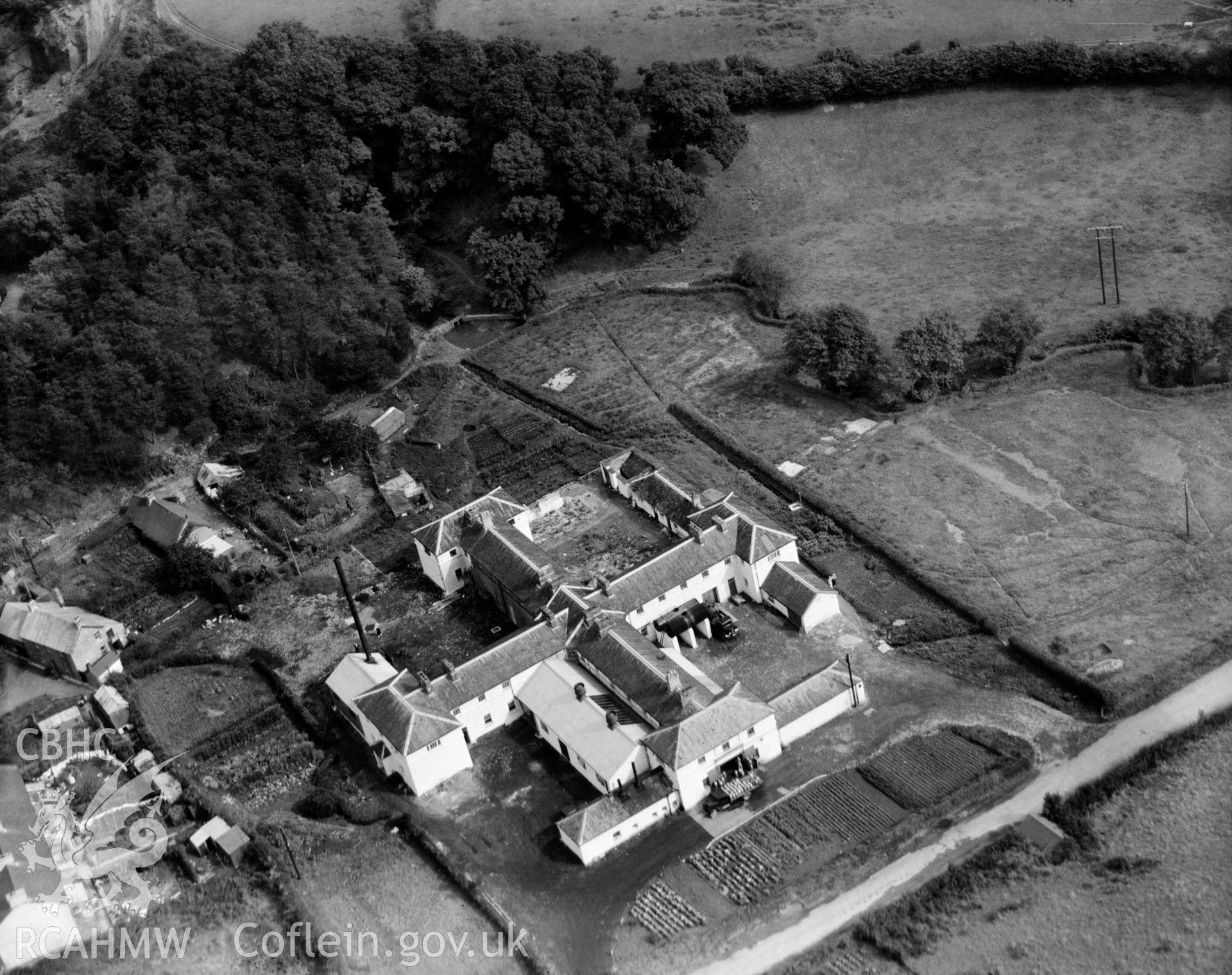 View of Garstand Creameries, Newcastle Emlyn, oblique aerial view. 5?x4? black and white glass plate negative.