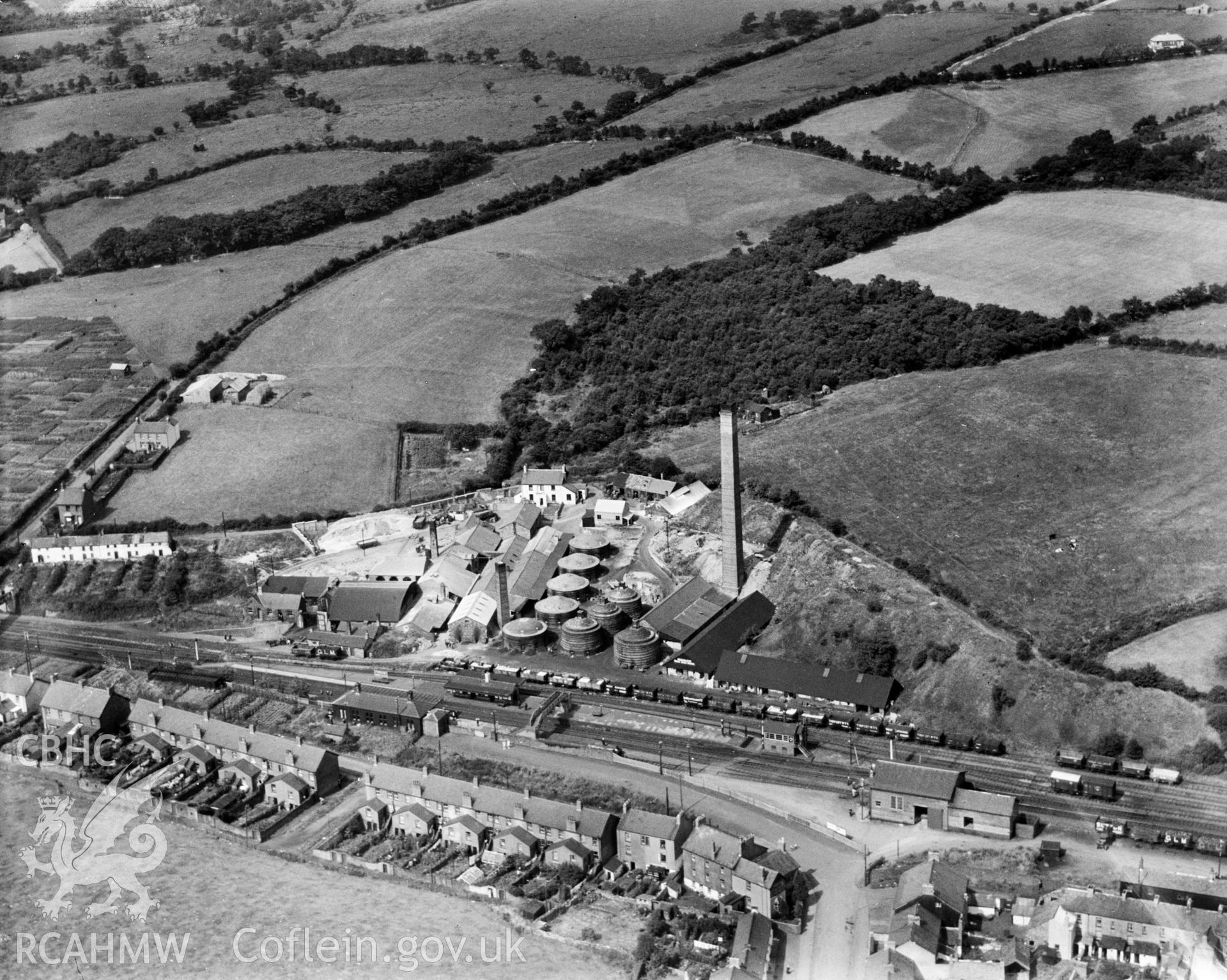 View of Hirwaun brickworks, commissioned by General Refractories. Oblique aerial photograph, 5?x4? BW glass plate.