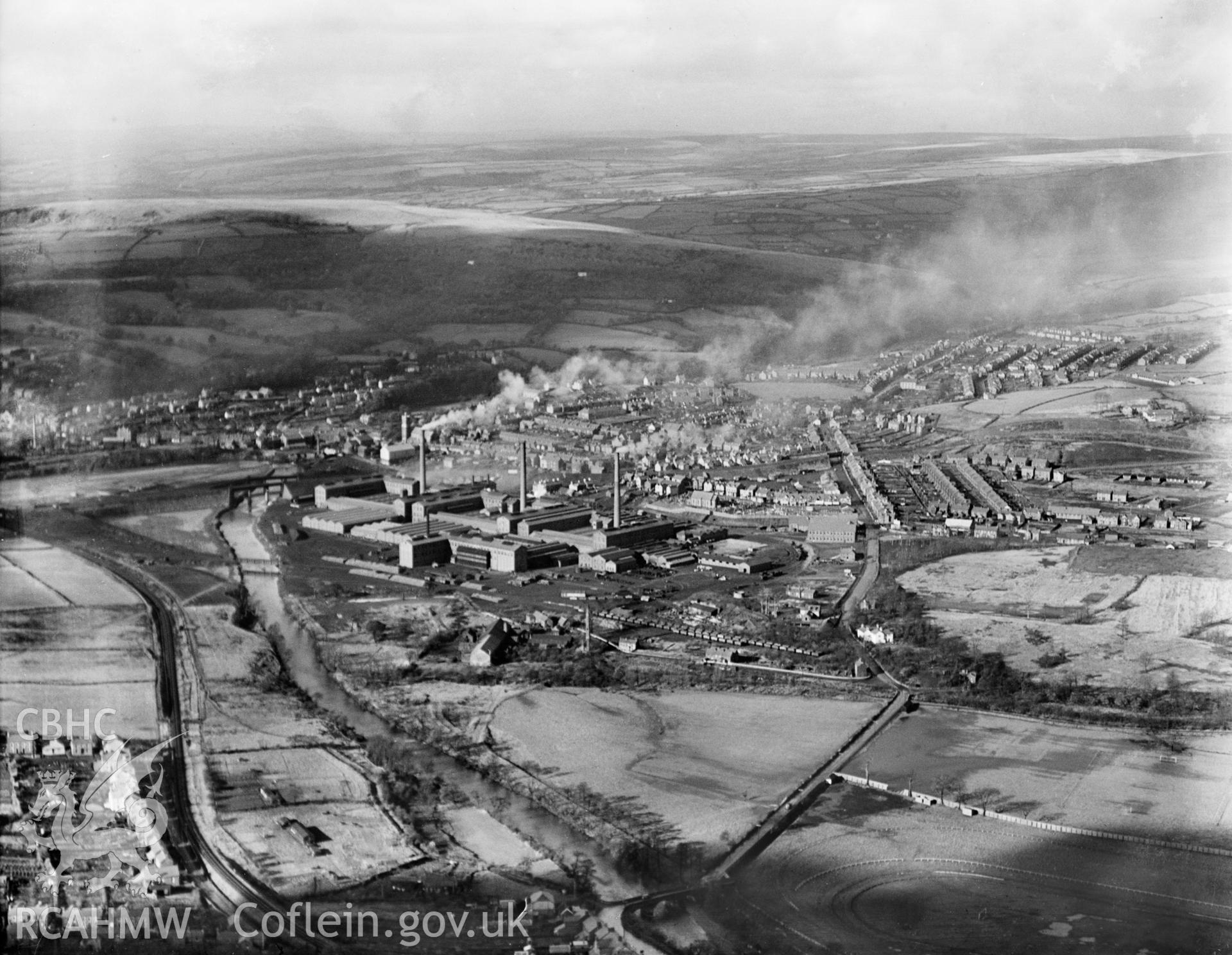 View of Mond Nickel Works, Clydach, Swansea, oblique aerial view. 5?x4? black and white glass plate negative.