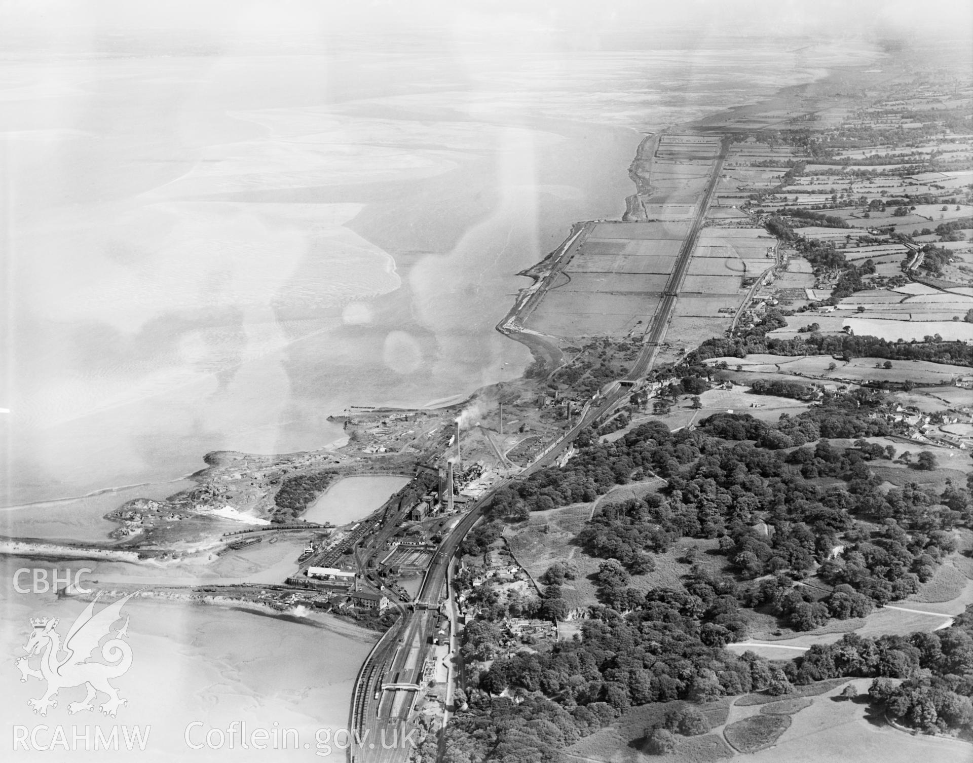 View of Mostyn showing Barwen & Mostyn Iron Co., oblique aerial view. 5?x4? black and white glass plate negative.