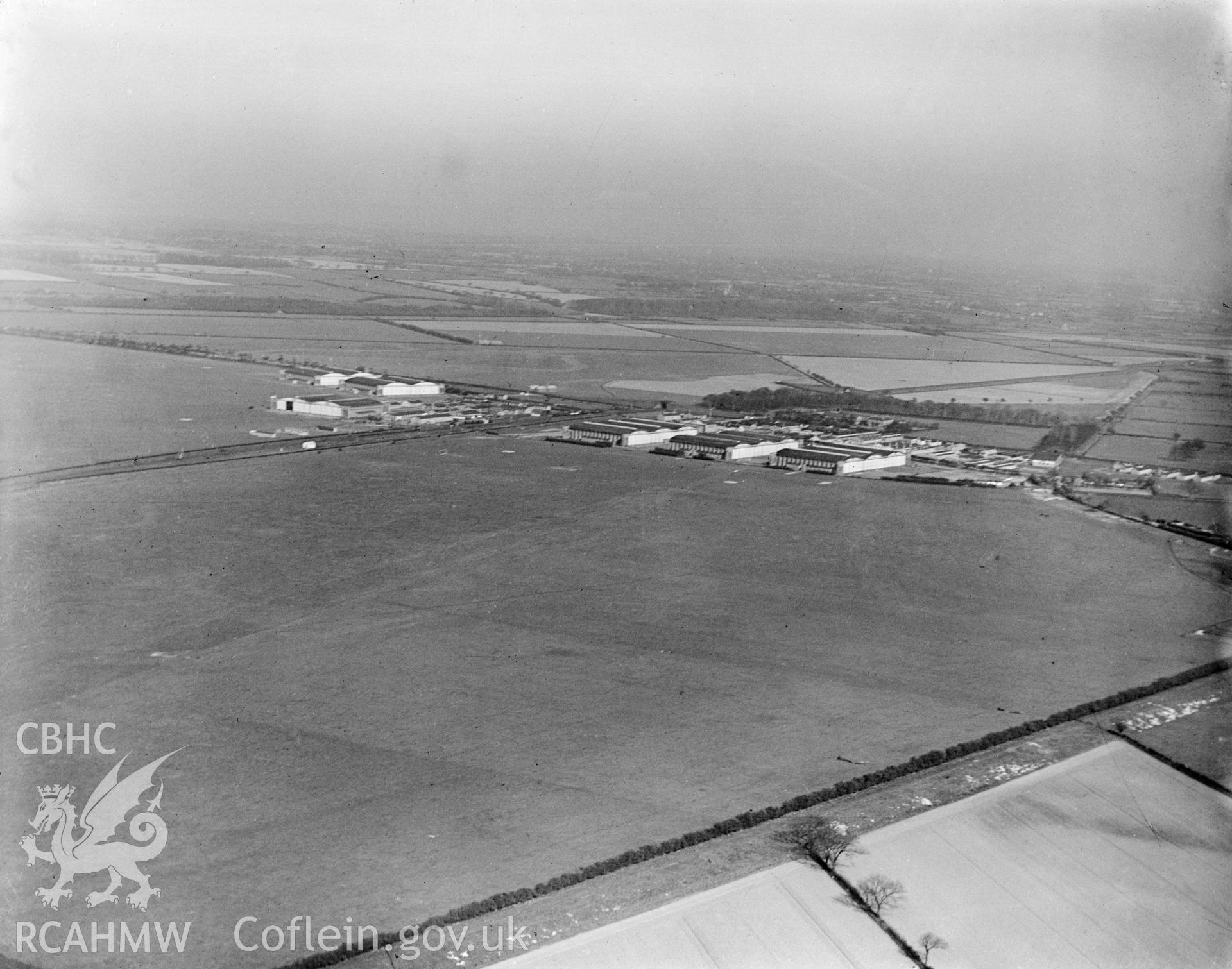 Distant view of Shotwick Aerodrome , oblique aerial view. 5?x4? black and white glass plate negative.