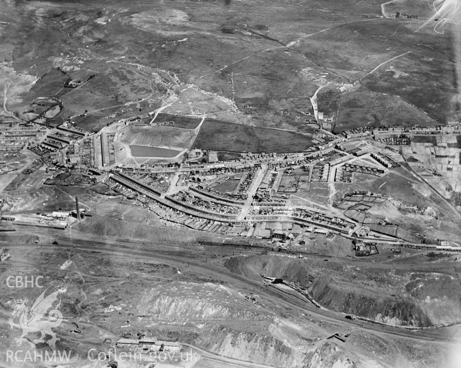 General view of Rhymney, oblique aerial view. 5?x4? black and white glass plate negative.
