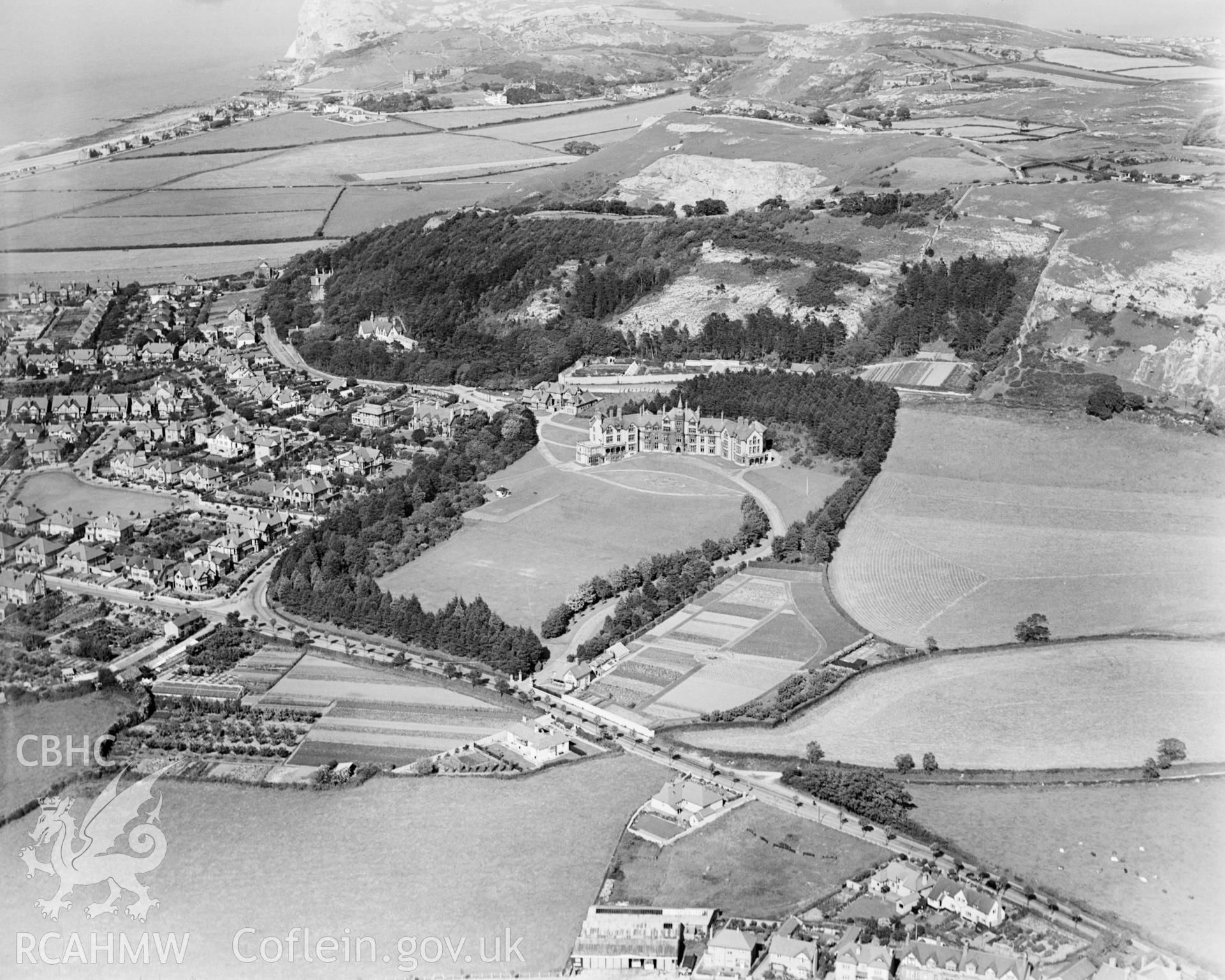View of Lady Forester Convalescent Home and gardens, Llandudno, oblique aerial view. 5?x4? black and white glass plate negative.