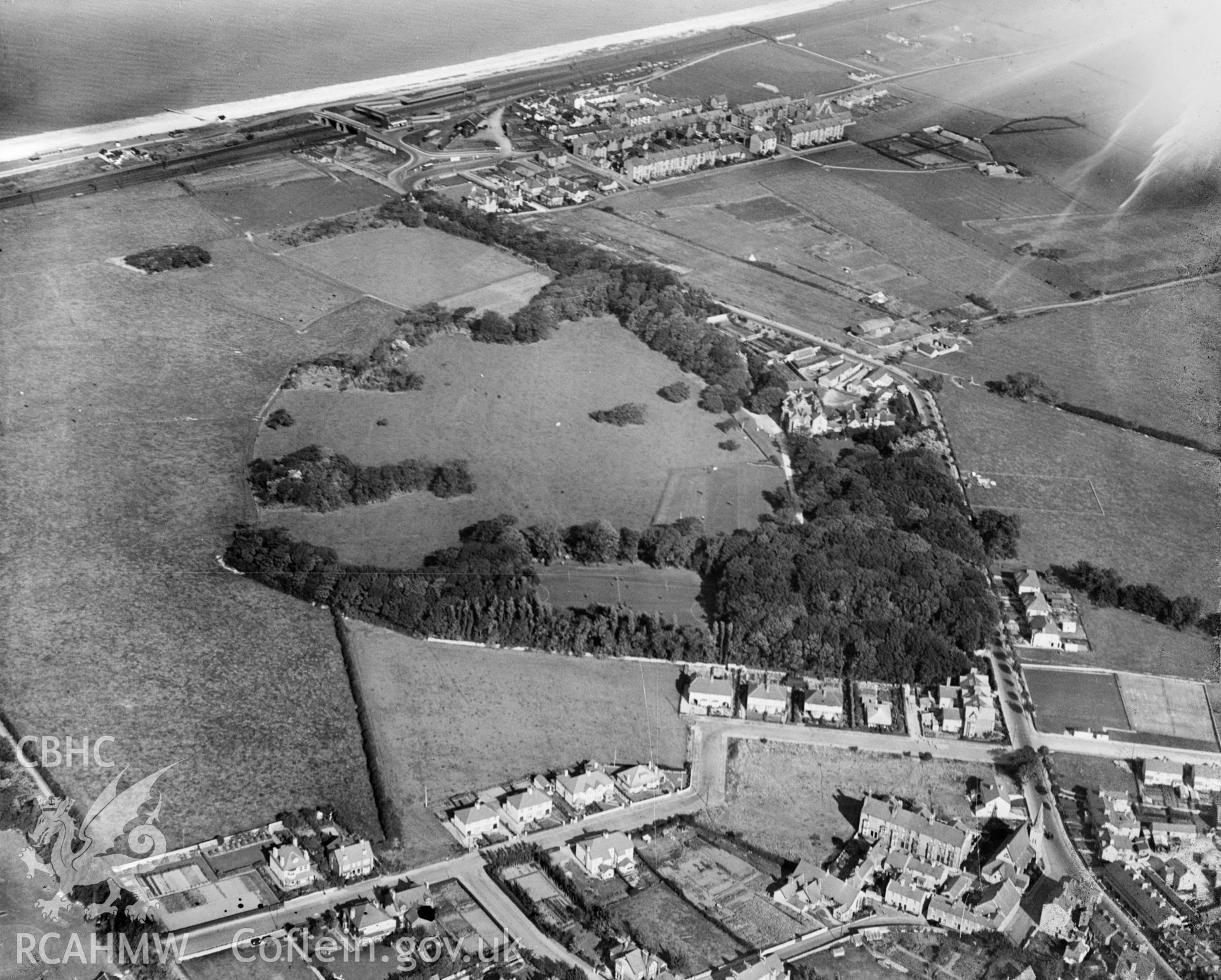 View of Pentre Mawr School, Abergele, taken for Messrs E & J Sales, oblique aerial view. 5?x4? black and white glass plate negative.
