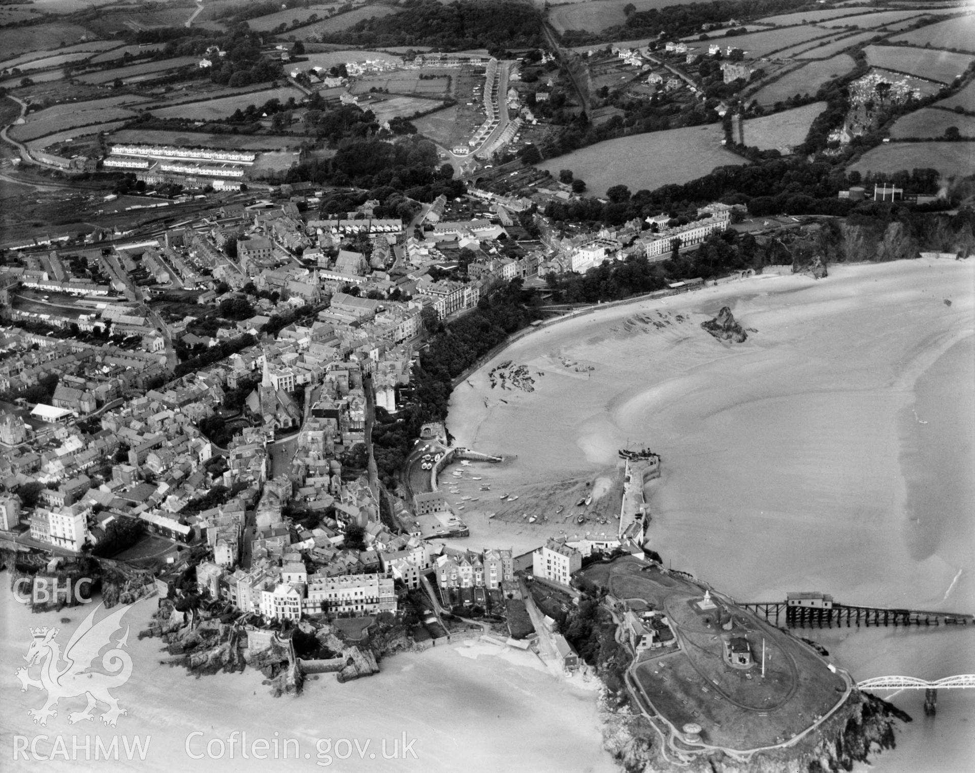 General view of Tenby, oblique aerial view. 5?x4? black and white glass plate negative.