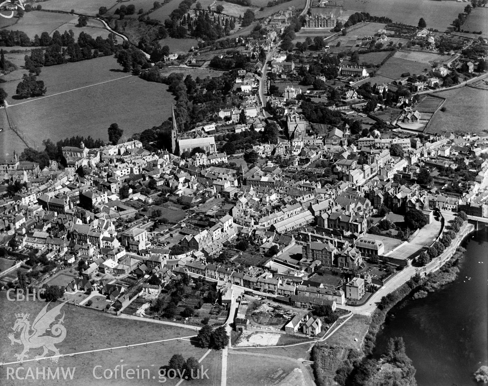 General view of Monmouth, oblique aerial view. 5?x4? black and white glass plate negative.