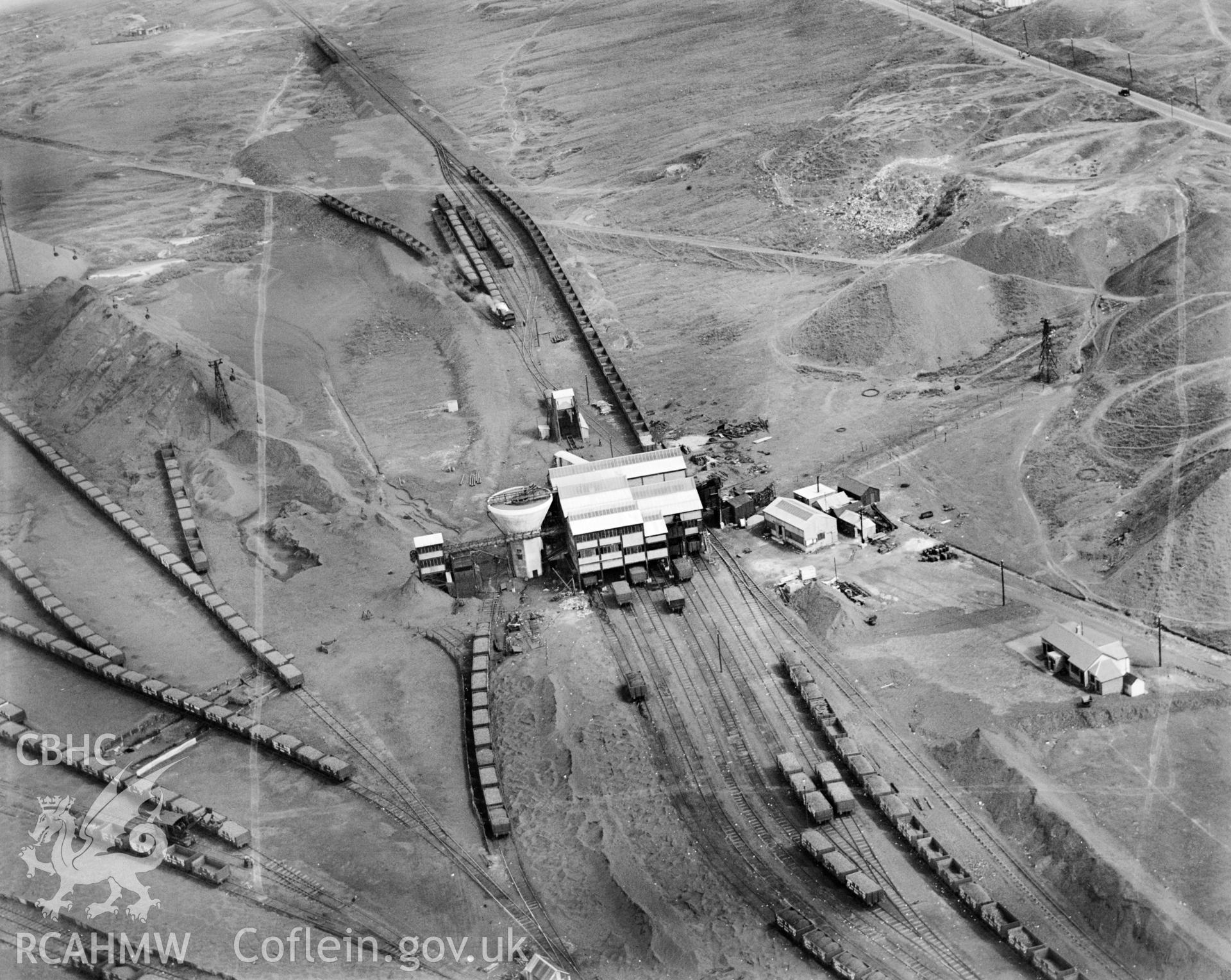 View of Onllwyn coal washery, processing and distribution centre, commissioned by Evans & Bevan, Neath. Oblique aerial photograph, 5?x4? BW glass plate.