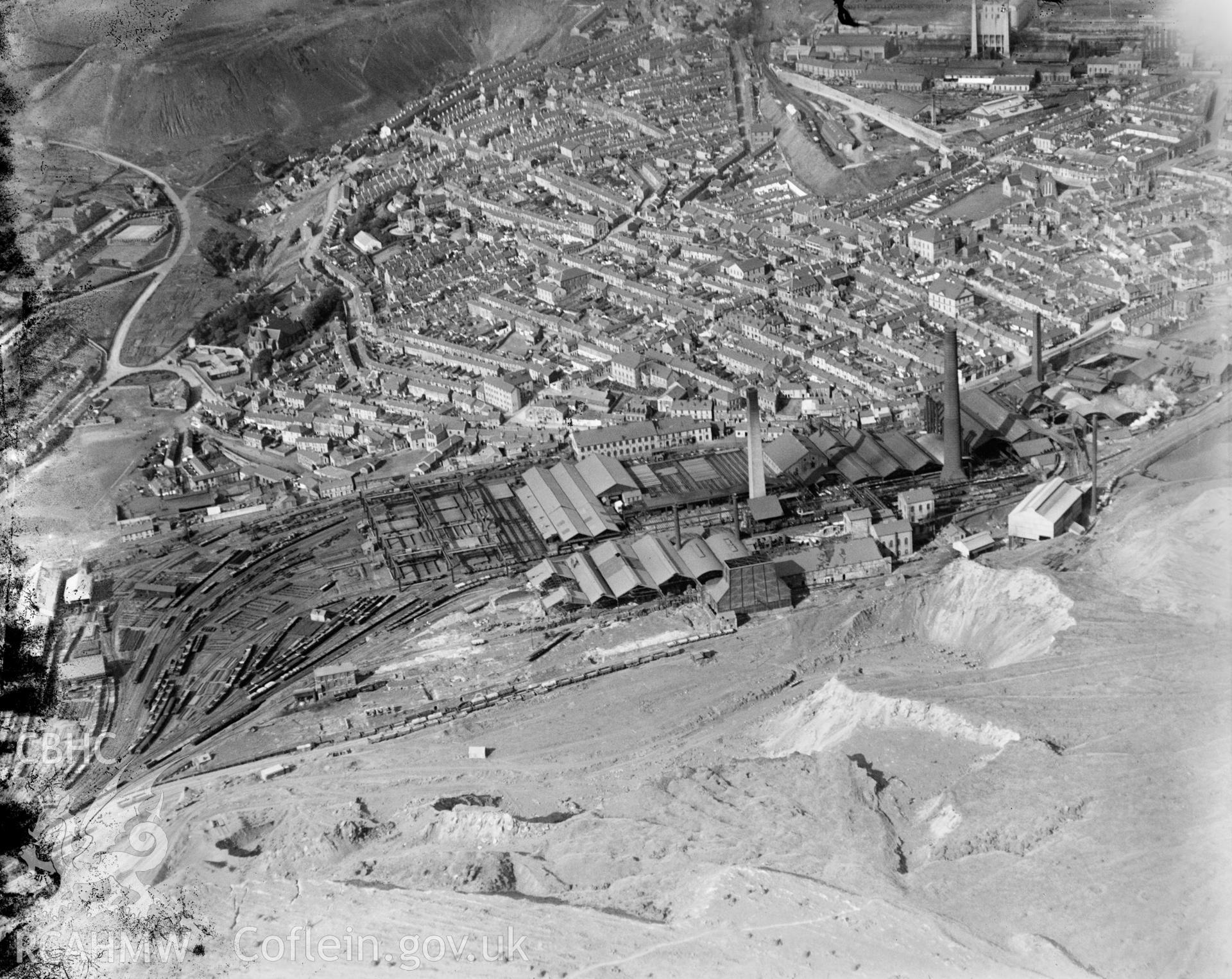 View of Guest, Keen & Nettlefold, Dowlais Works, Merthyr Tydfil, oblique aerial view. 5?x4? black and white glass plate negative.