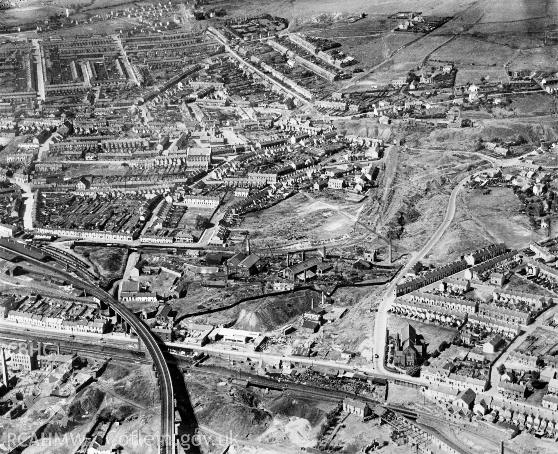 View of the Landore district of Swansea showing the Millbrook Engineering Co. works. Oblique aerial photograph, 5?x4? BW glass plate.