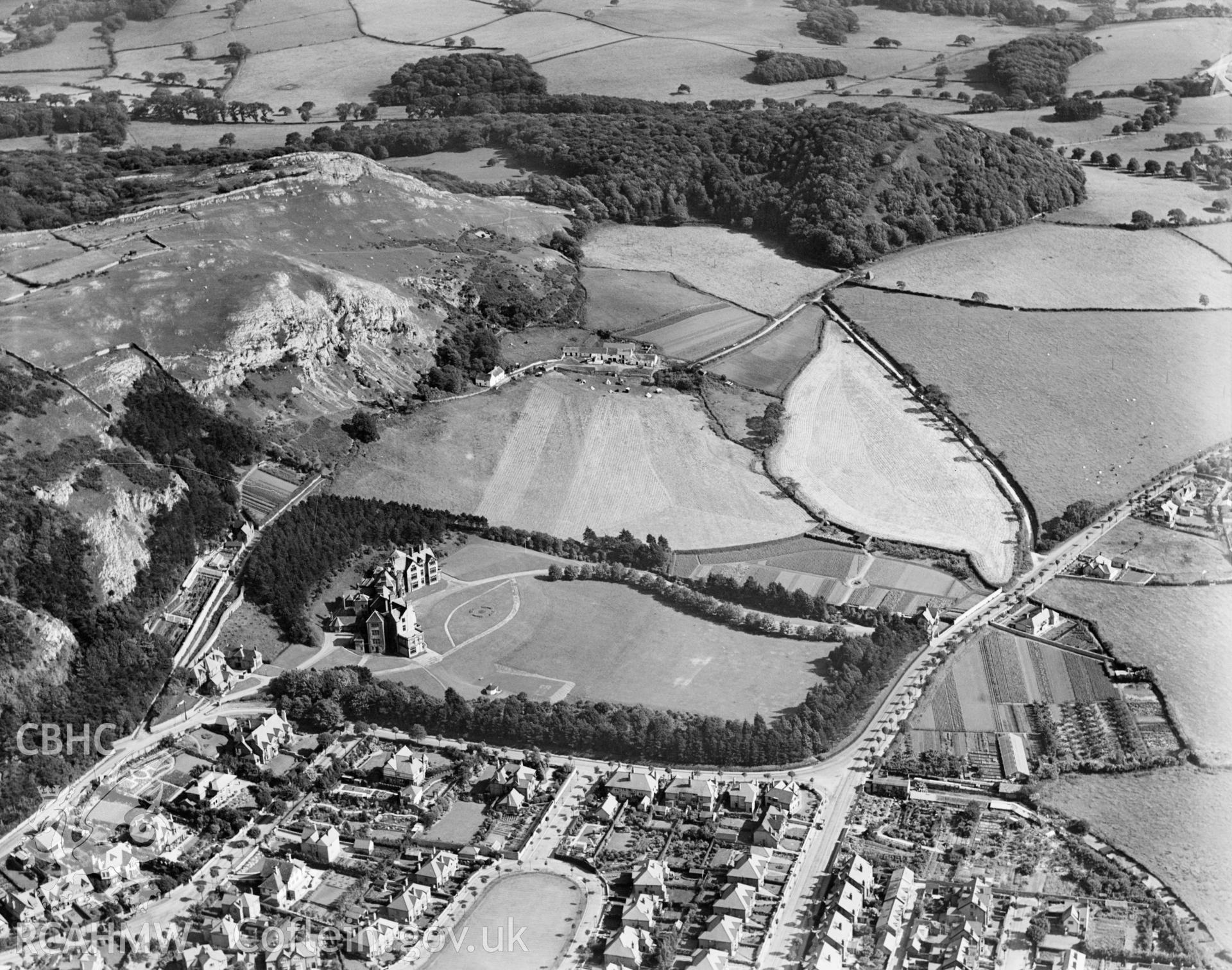 View of Lady Forester Convalescent Home and gardens, Llandudno, oblique aerial view. 5?x4? black and white glass plate negative.