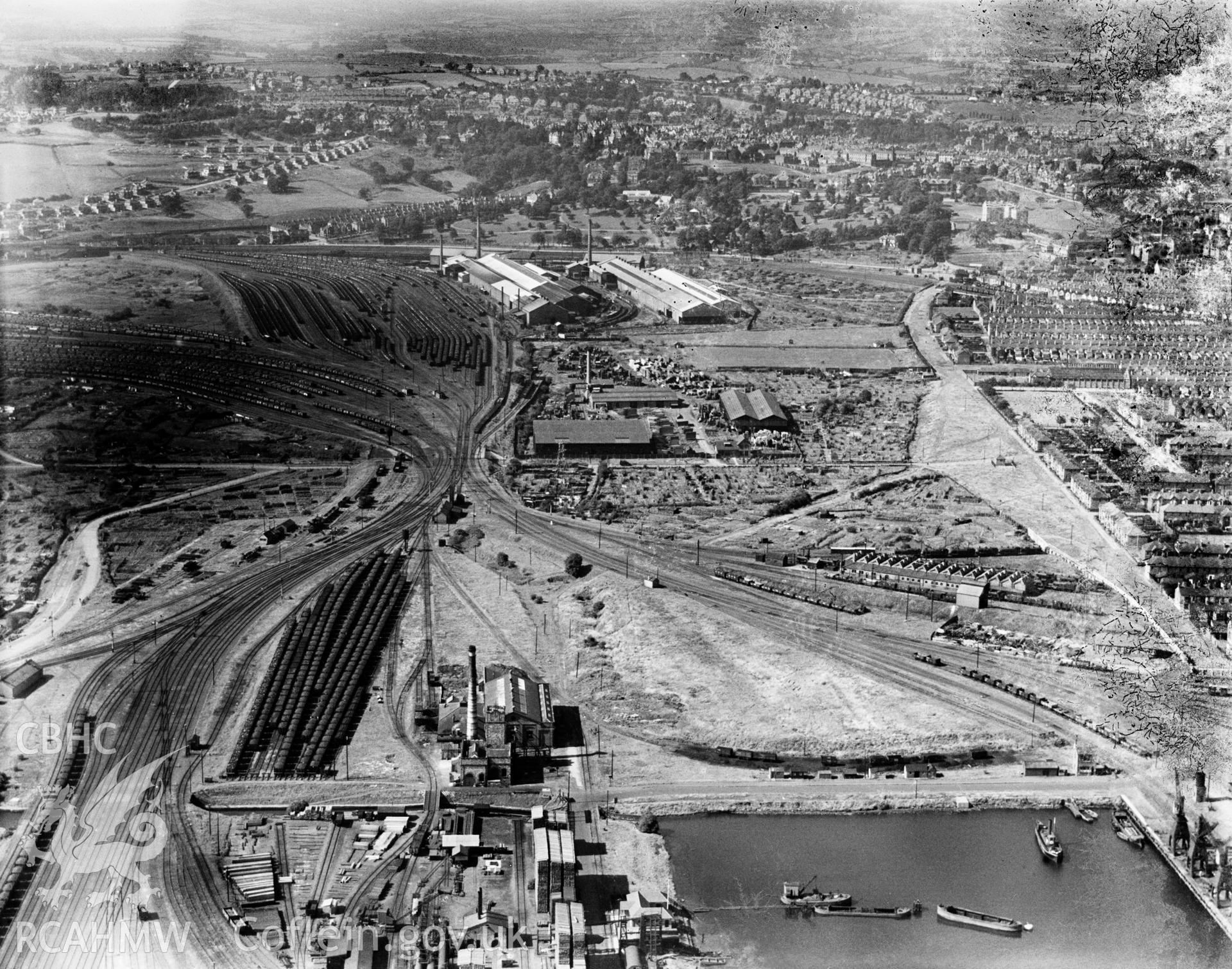 View of Newport Docks and Whitehead Iron & Steel Co., Newport, oblique aerial view. 5?x4? black and white glass plate negative.