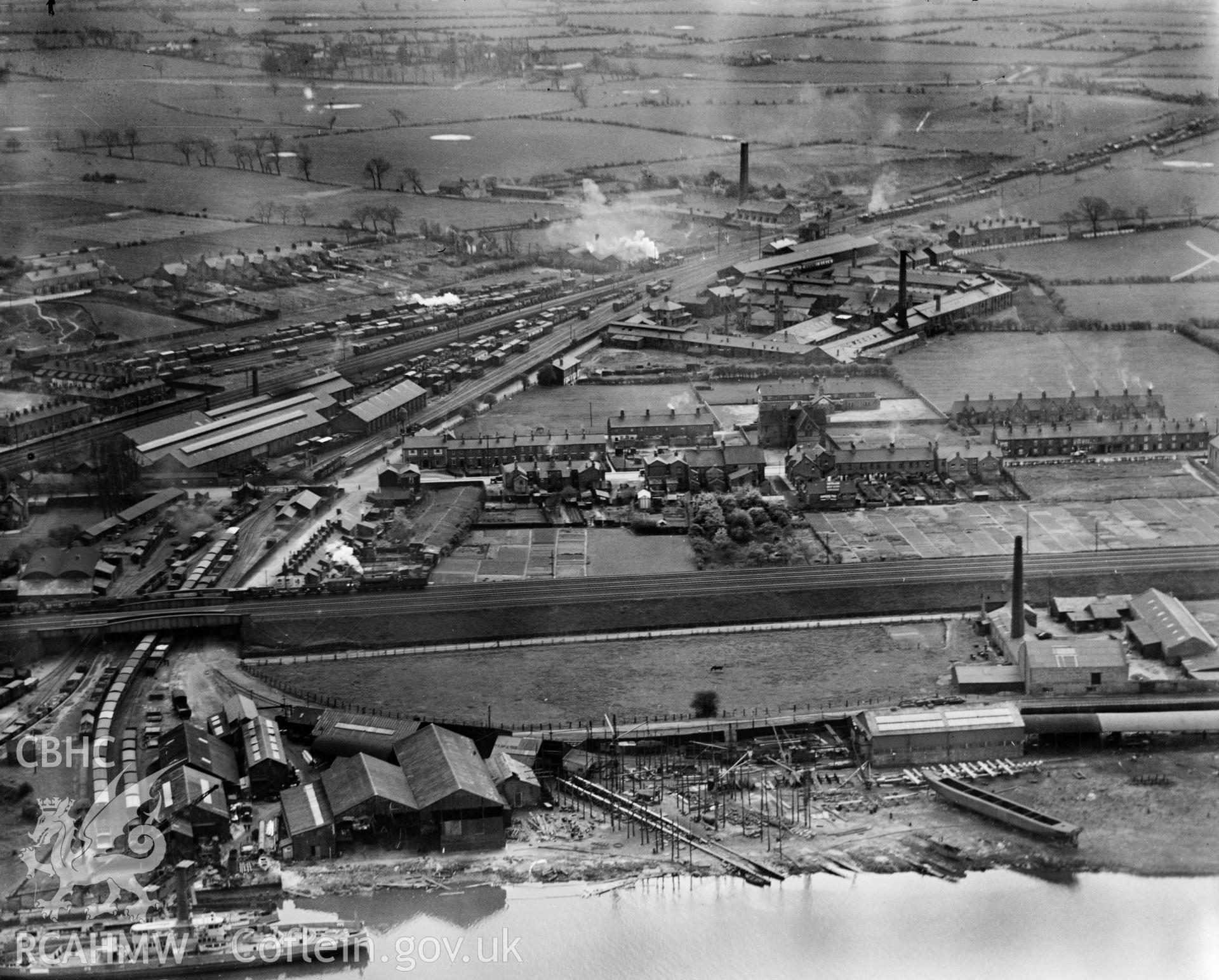 View of Crichton's shipyard, Saltney, oblique aerial view. 5?x4? black and white glass plate negative.