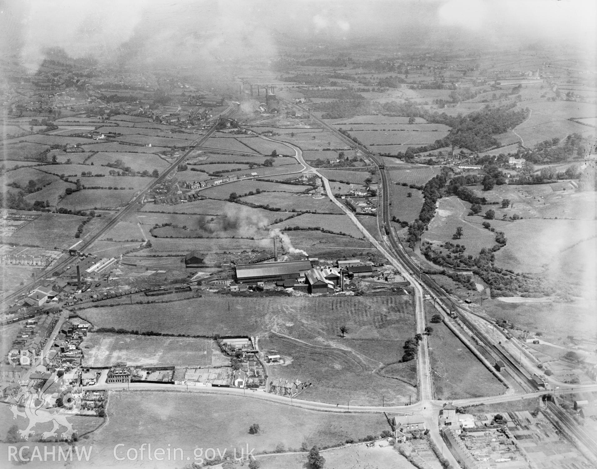View of Avondale Tinplate Co., Pontnewydd, oblique aerial view. 5?x4? black and white glass plate negative.