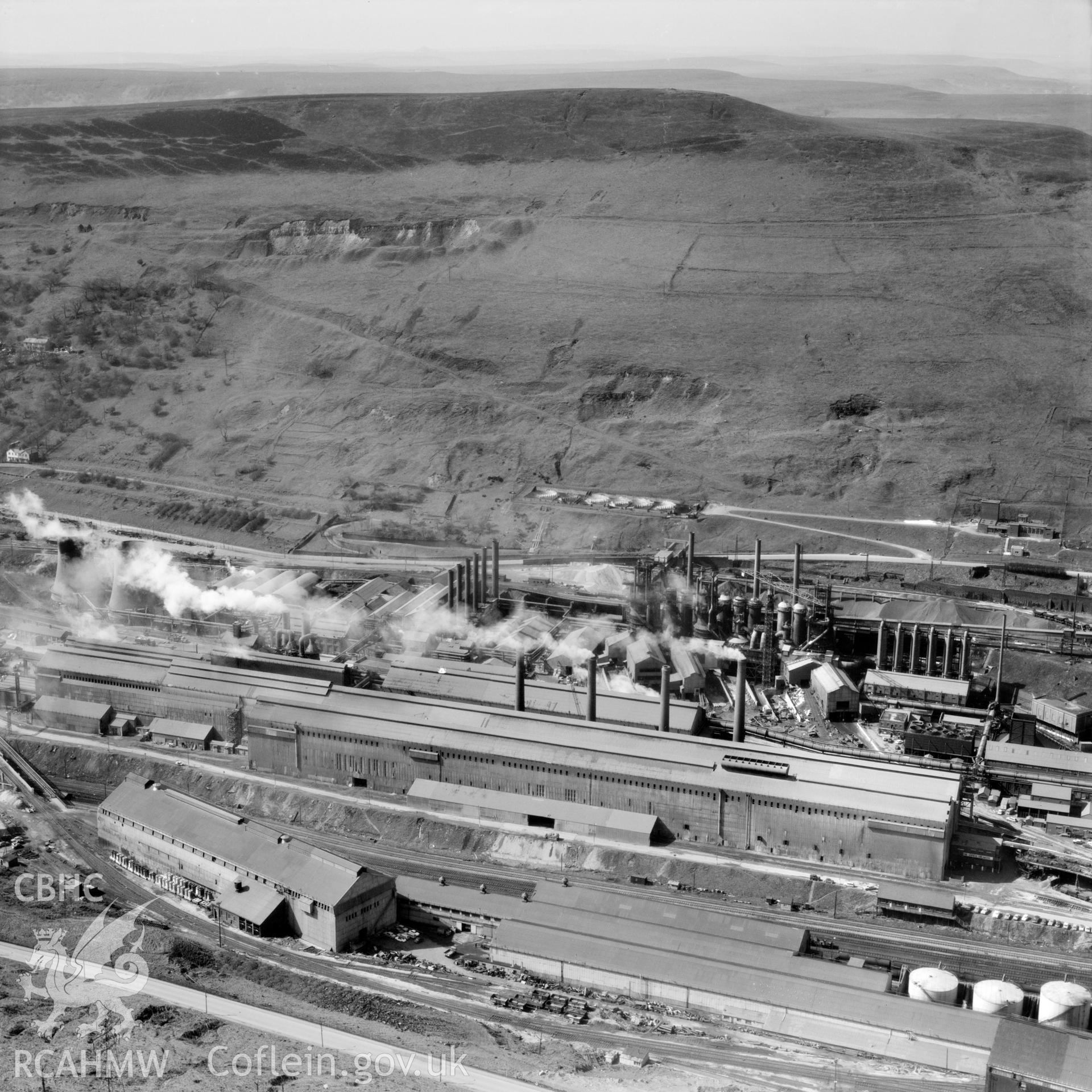 Black and white oblique aerial photograph showing the steelworks at Ebbw Vale, from Aerofilms album Monmouthshire (CH-M), taken by Aerofilms Ltd and dated 1972.