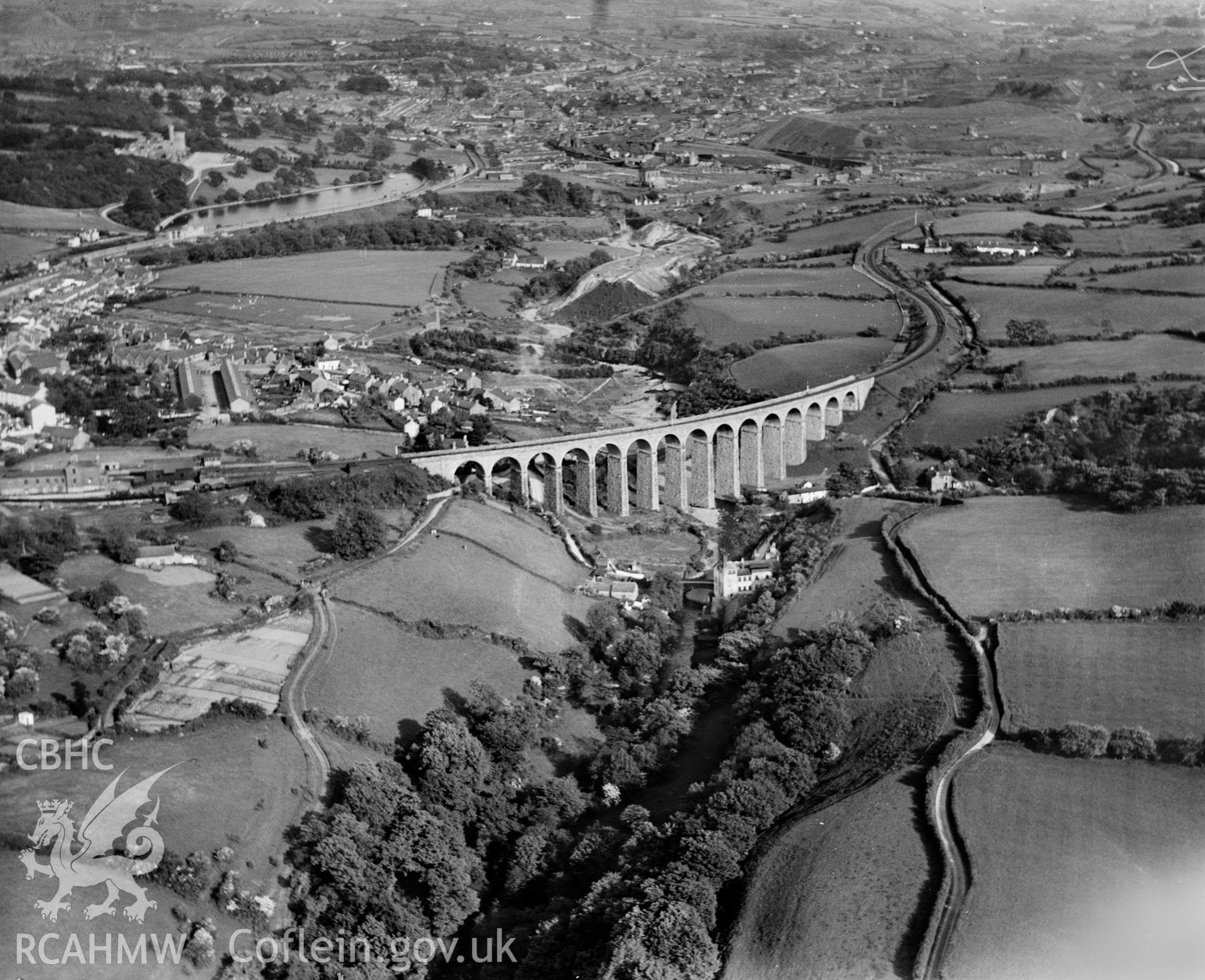 View of Merthyr Tydfil, showing Cefn Viaduct, oblique aerial view. 5?x4? black and white glass plate negative.