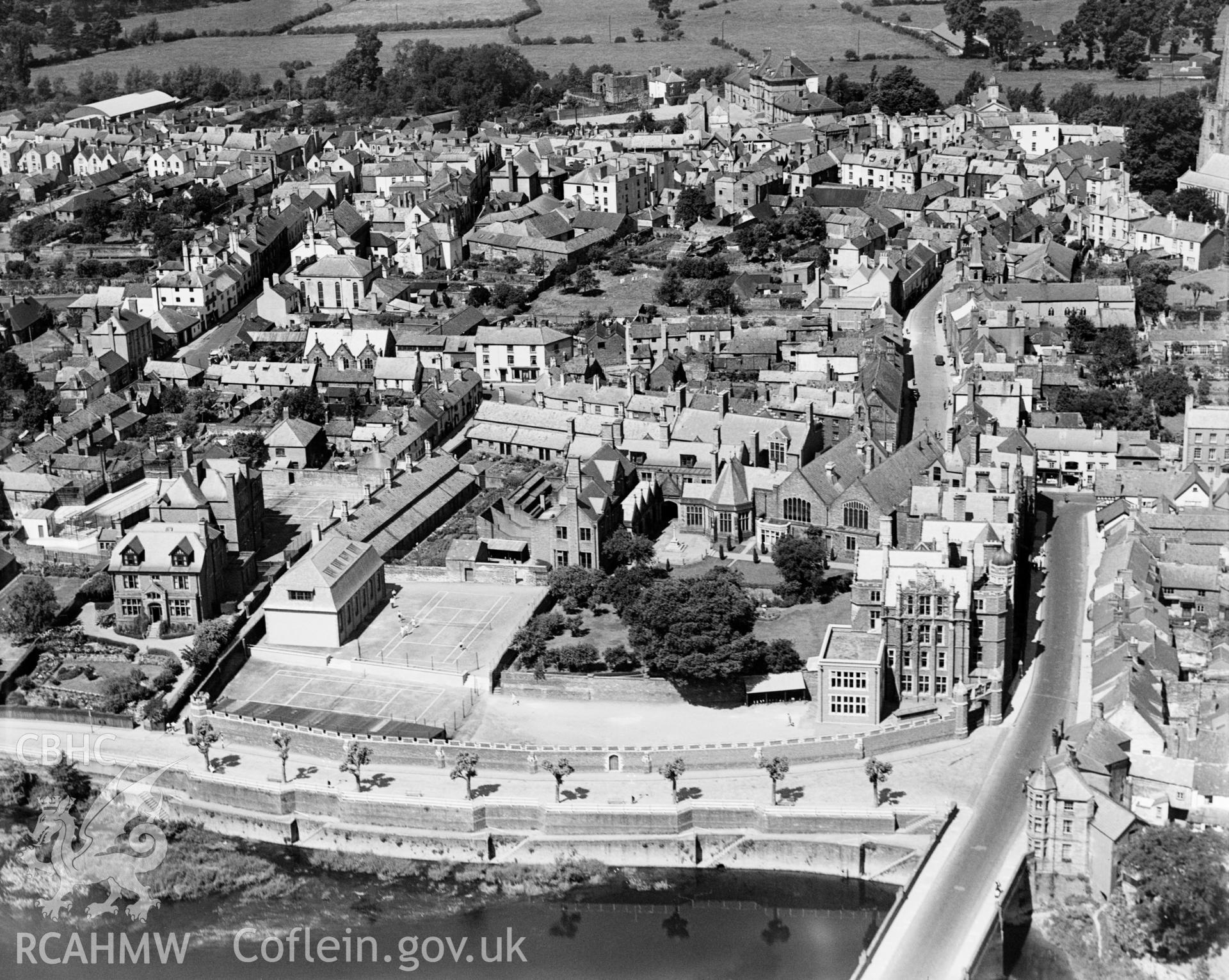 View of Monmouth showing school, oblique aerial view. 5?x4? black and white glass plate negative.
