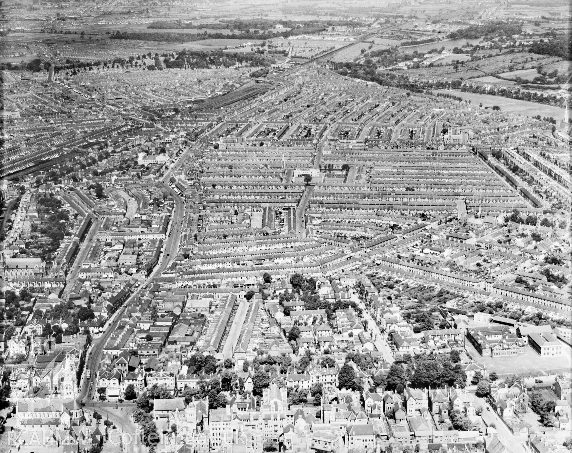 View of a residential area of Cardiff, oblique aerial view. 5?x4? black and white glass plate negative.