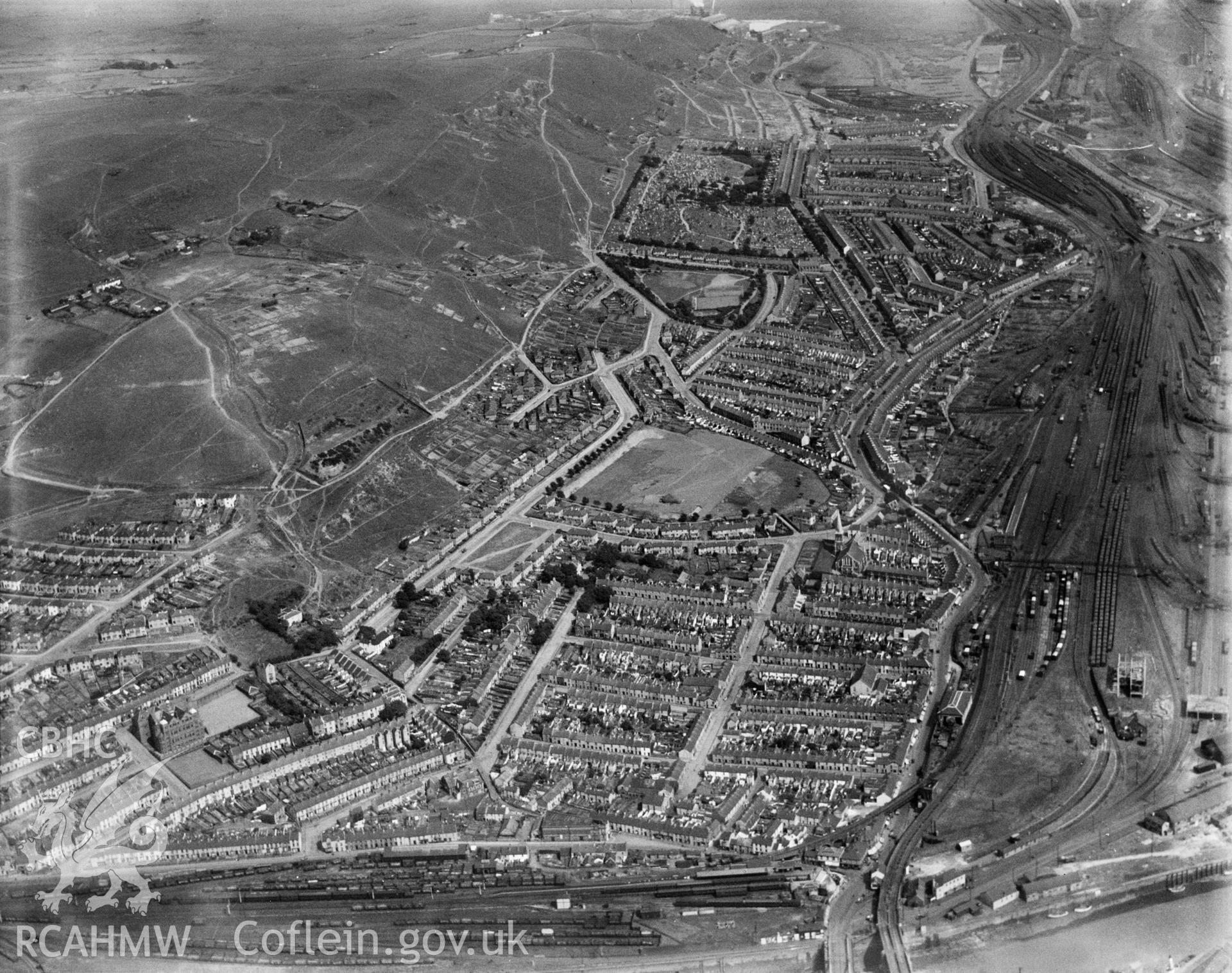 View of St Thomas and Dan-y-Graig areas of Swansea showing cemetery and Jersey Park, oblique aerial view. 5?x4? black and white glass plate negative.