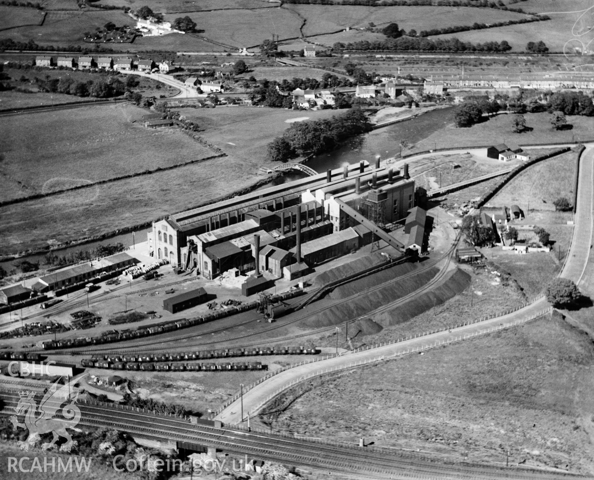 View of the South Wales Electric Company,  Upper Boat Power Station, oblique aerial view. 5?x4? black and white glass plate negative.