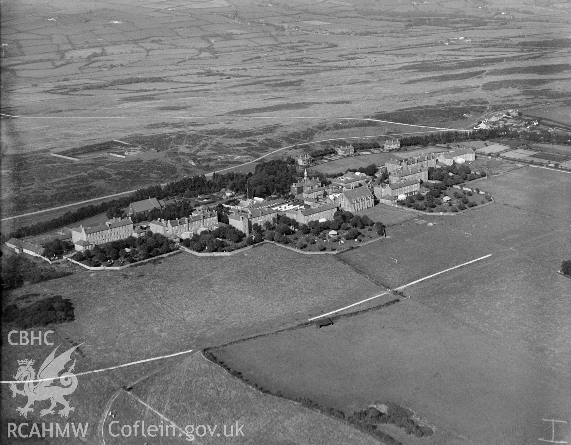 Parc Gwyllt County Mental Hospital, Bridgend, oblique aerial view. 5?x4? black and white glass plate negative.