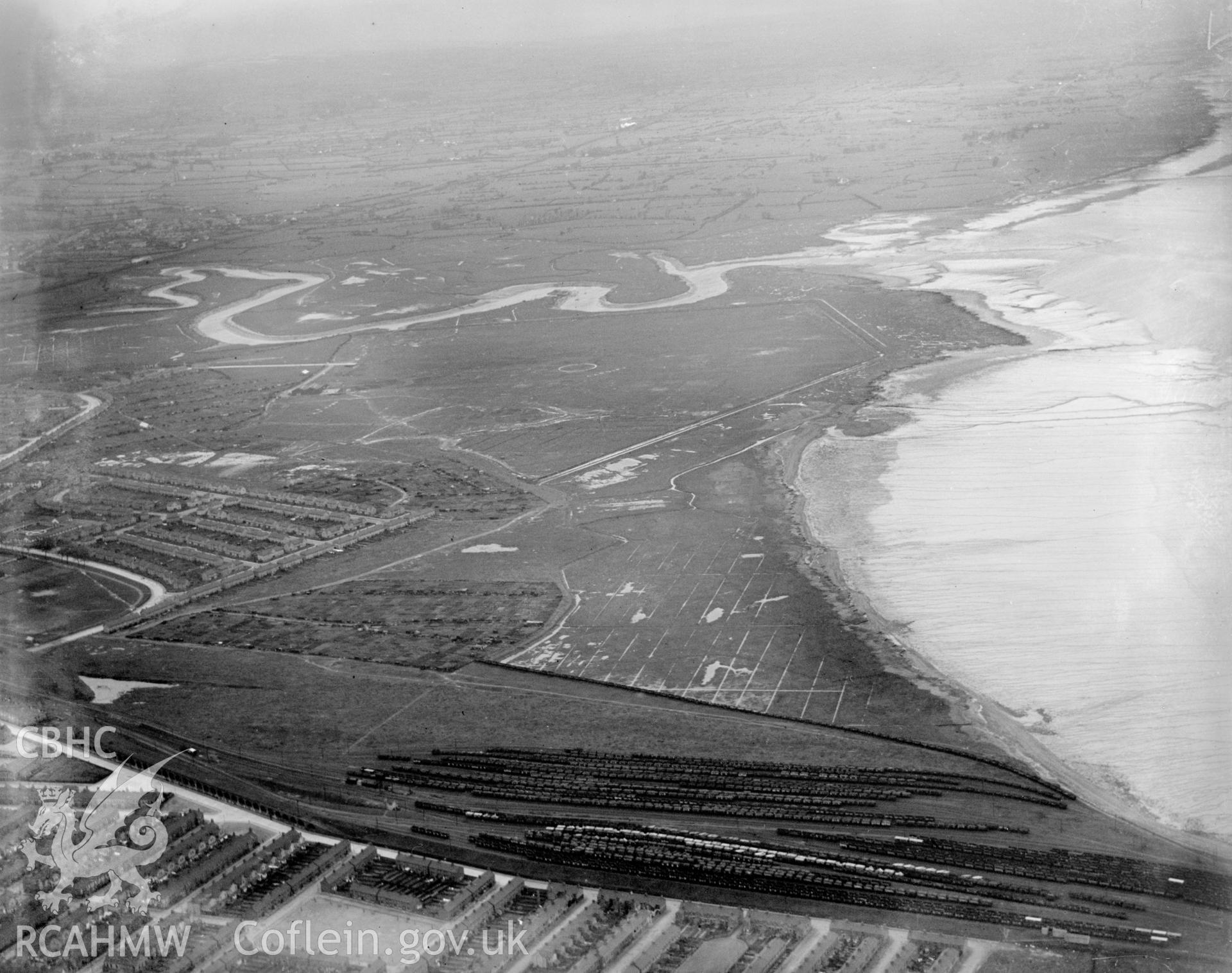 View of Cardiif airport, Splott, oblique aerial view. 5?x4? black and white glass plate negative.