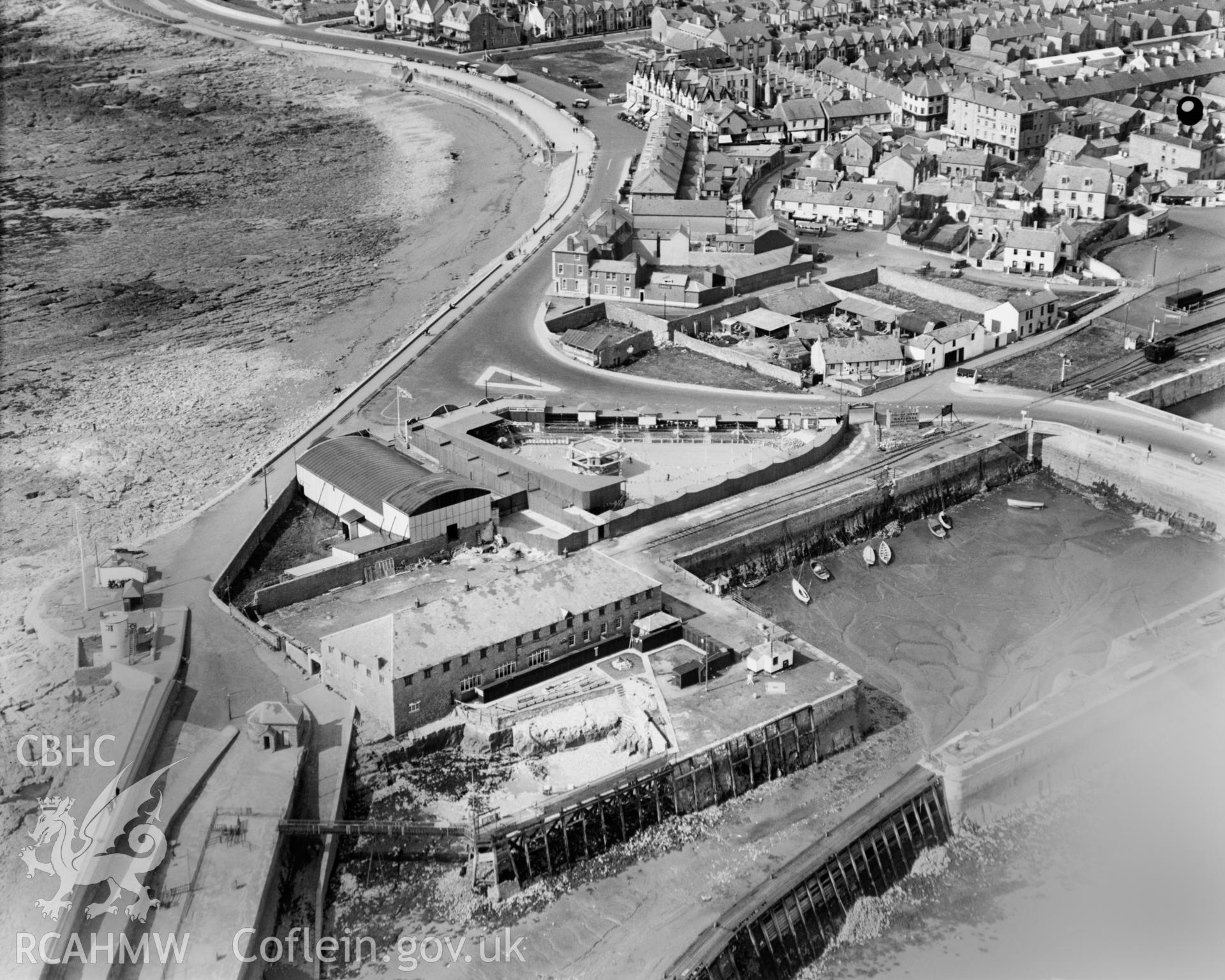 View of Porthcawl harbour, oblique aerial view. 5?x4? black and white glass plate negative.