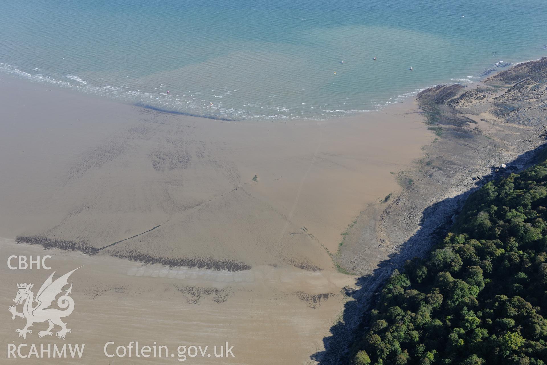 Oxwich Bay fish trap, on the southerns shores of the Gower Peninsula. Oblique aerial photograph taken during the Royal Commission's programme of archaeological aerial reconnaissance by Toby Driver on 30th September 2015.
