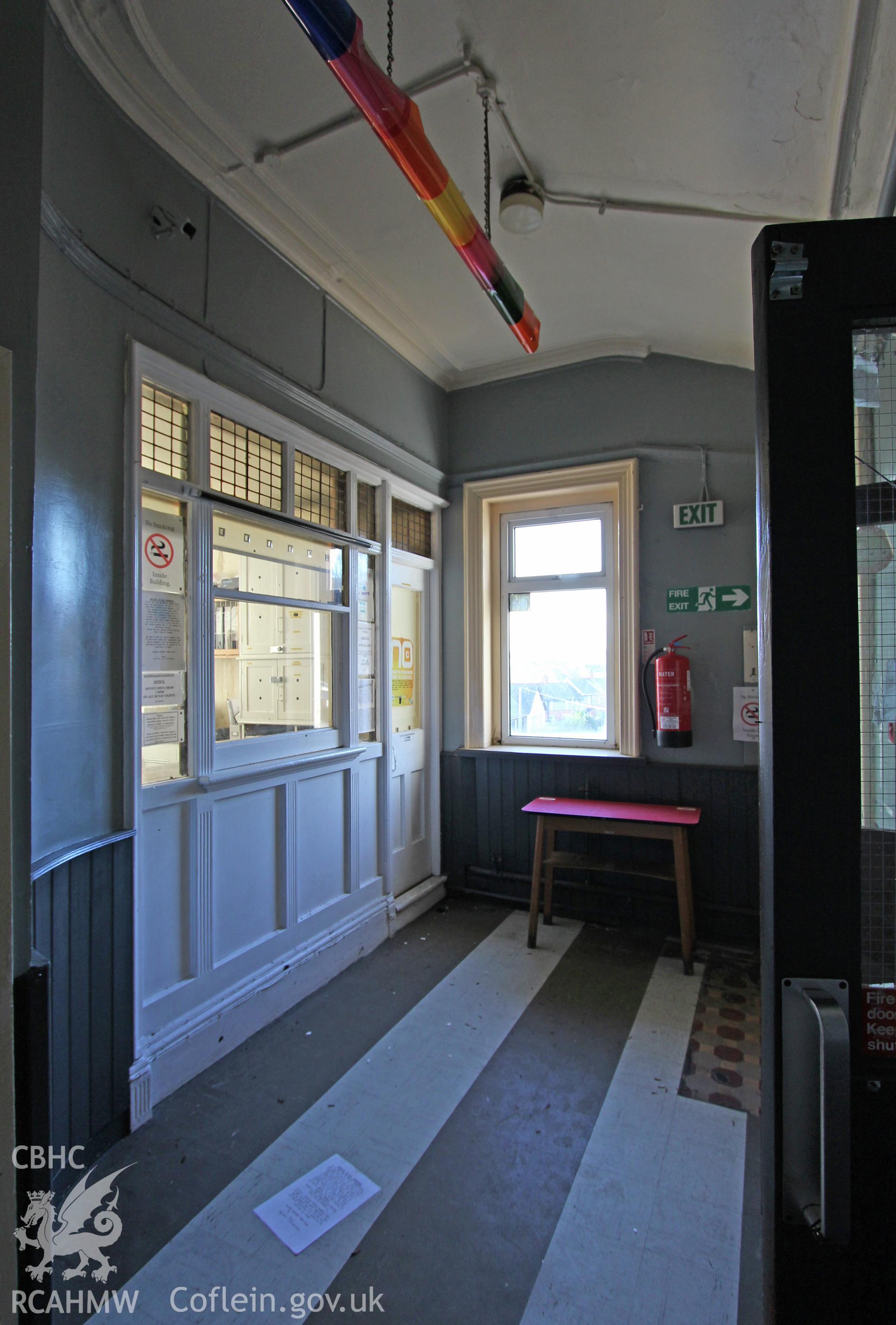 Interior view of the Railway Institute, Bangor. Photographed during survey conducted by Sue Fielding for the RCAHMW on 4th April 2016.