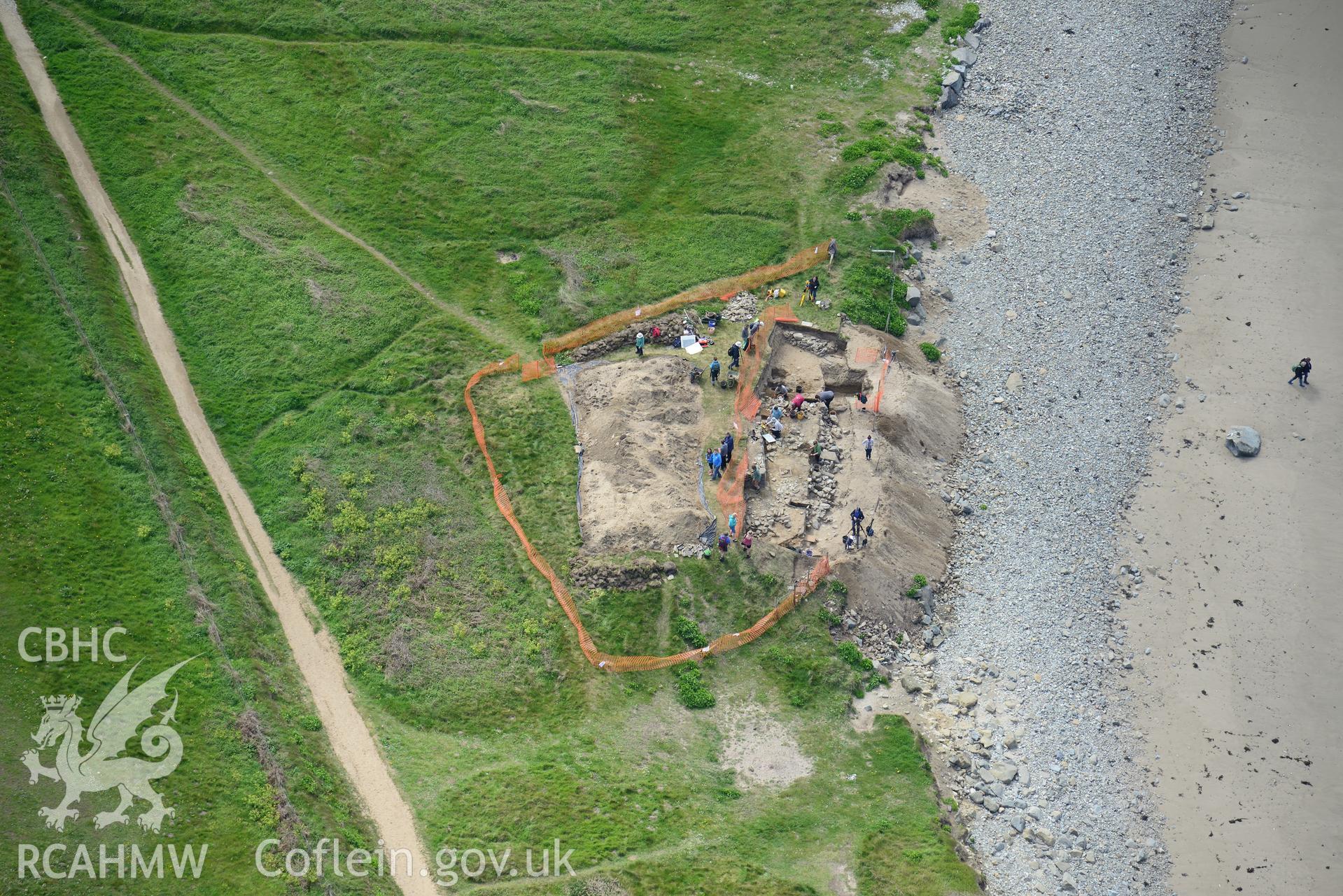 Dyfed Archaeological Trust excavating site of St. Patrick's chapel at Whitesands Bay. Oblique aerial photograph taken during the Royal Commission's programme of archaeological aerial reconnaissance by Toby Driver on 13th May 2015.