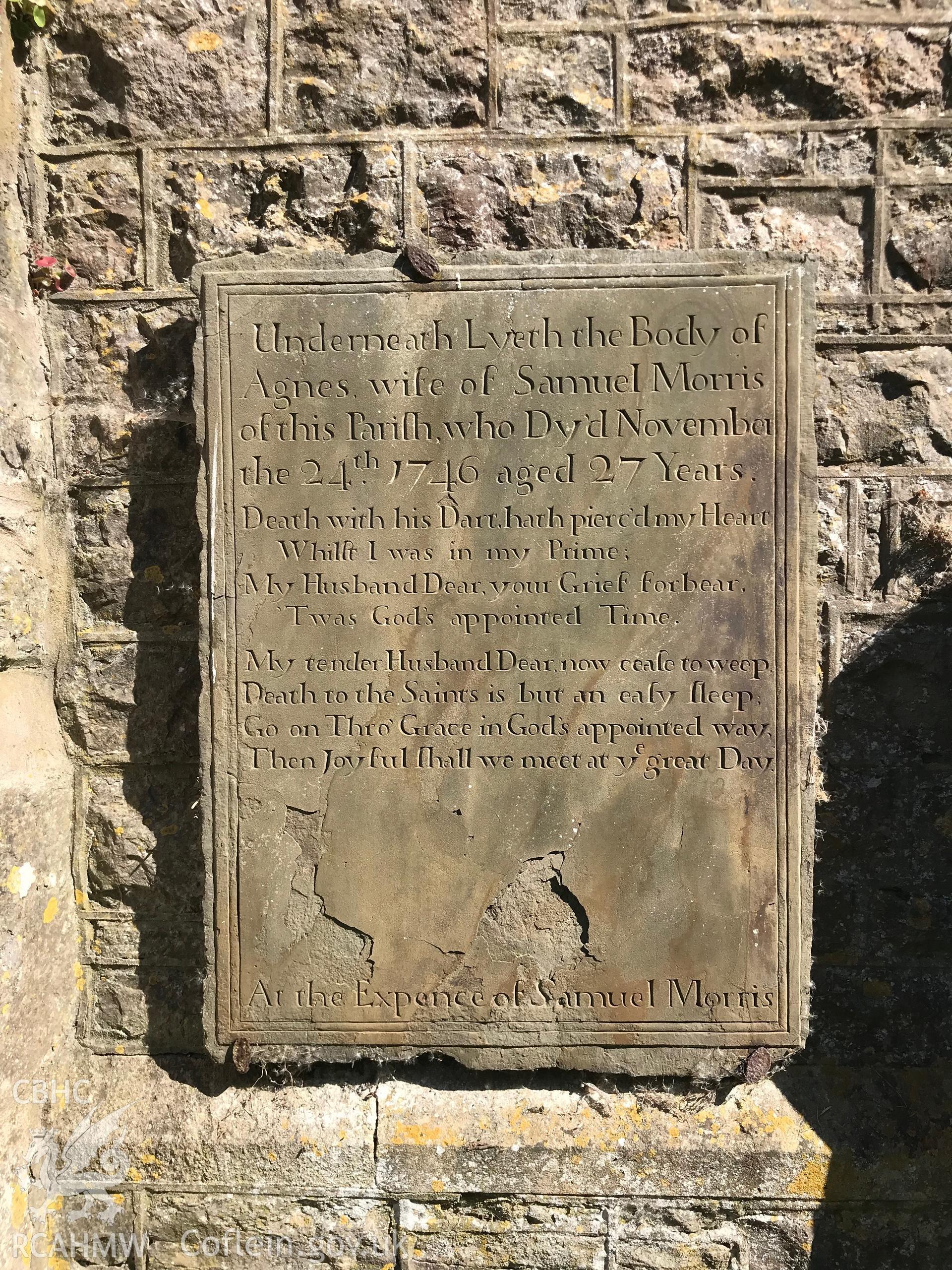 Digital colour photograph showing detailed view of memorial stone dedicated to Agness Morris and dated 1746 at St Rhidian and Illtyd's church, Llanrhidian, taken by Paul R. Davis on 5th May 2019.