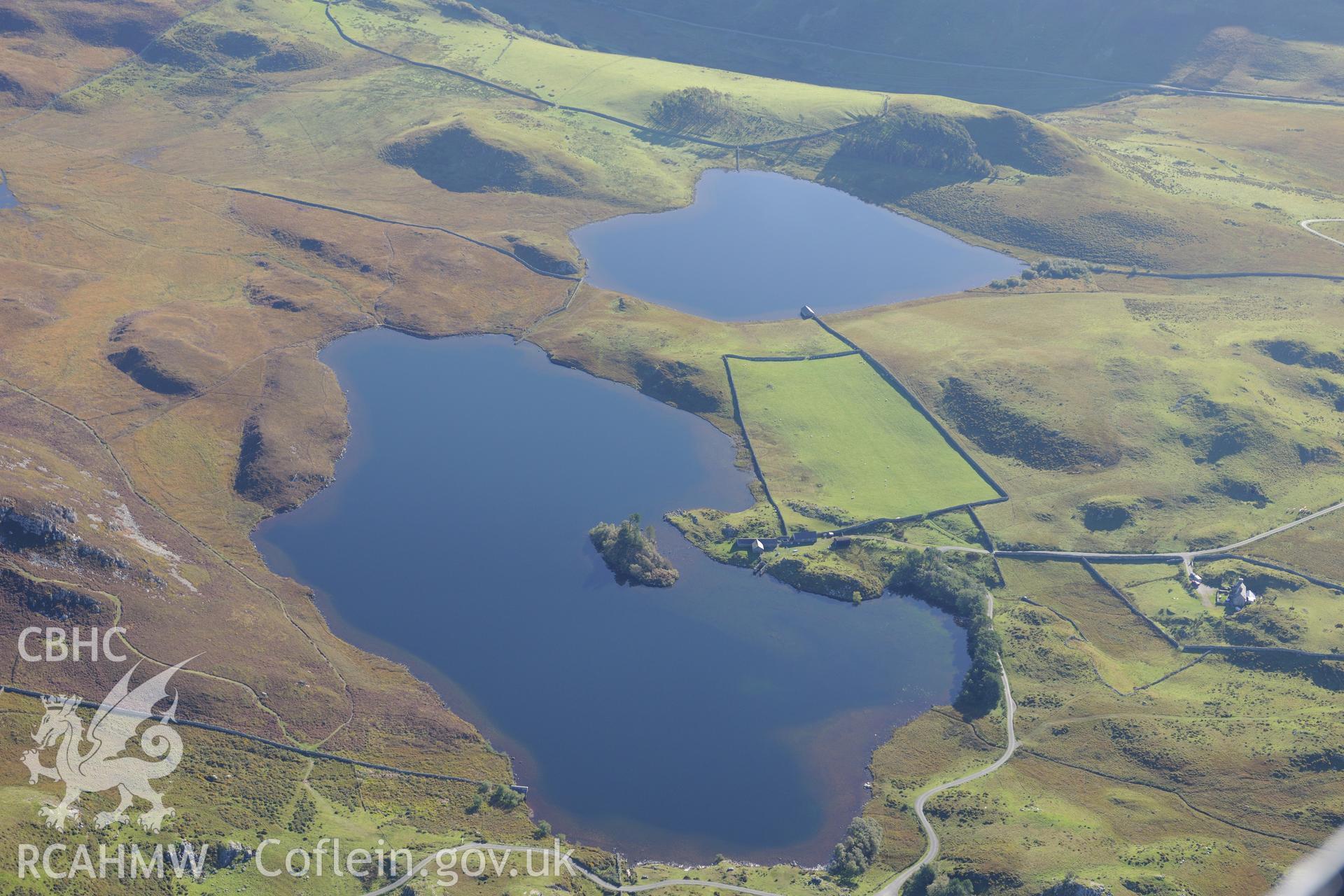 Llynnau Cregennen on the slopes of Cadair Idris. Oblique aerial photograph taken during the Royal Commission's programme of archaeological aerial reconnaissance by Toby Driver on 2nd October 2015.