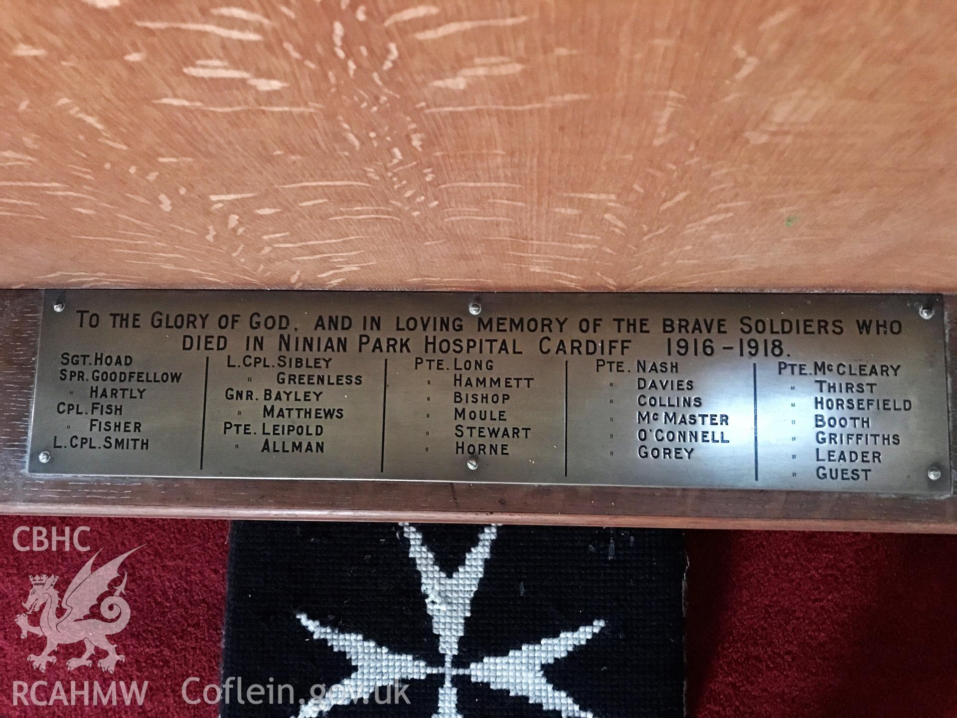 Colour photo showing the altar plaque in the Memorial Chapel at St Paul's Church, Grangetown, taken by Revd David T. Morris, 2018.