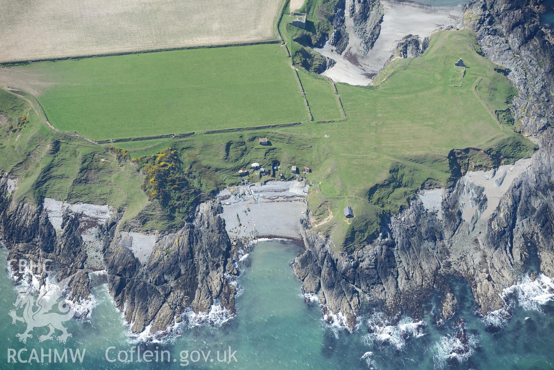 Aerial photography of Porth Ysgaden taken on 3rd May 2017.  Baseline aerial reconnaissance survey for the CHERISH Project. ? Crown: CHERISH PROJECT 2017. Produced with EU funds through the Ireland Wales Co-operation Programme 2014-2020. All material made