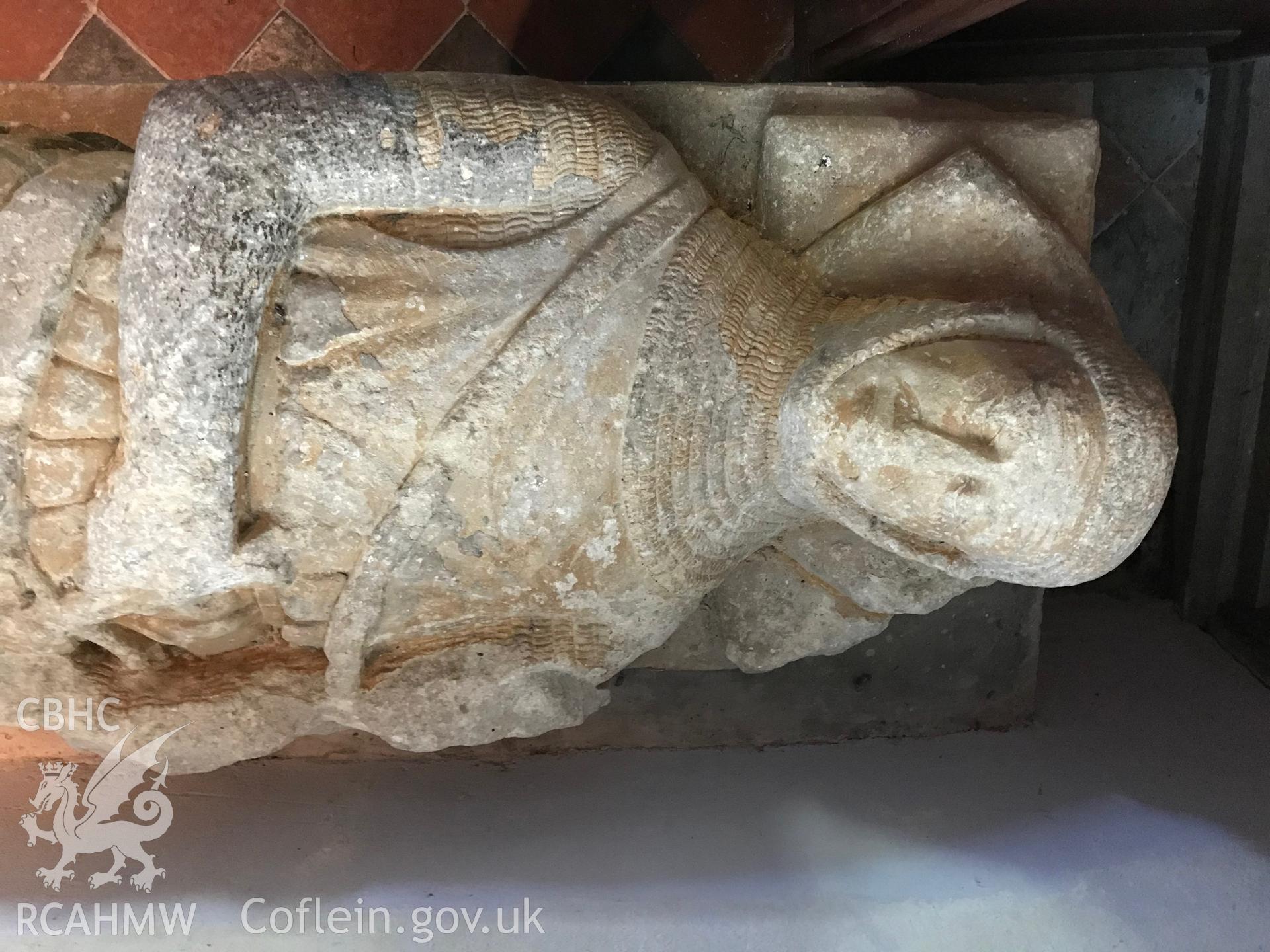 Colour photo showing carved stone tomb at St. Cenydd's Church, Llangenydd, taken by Paul R. Davis, 10th May 2018.