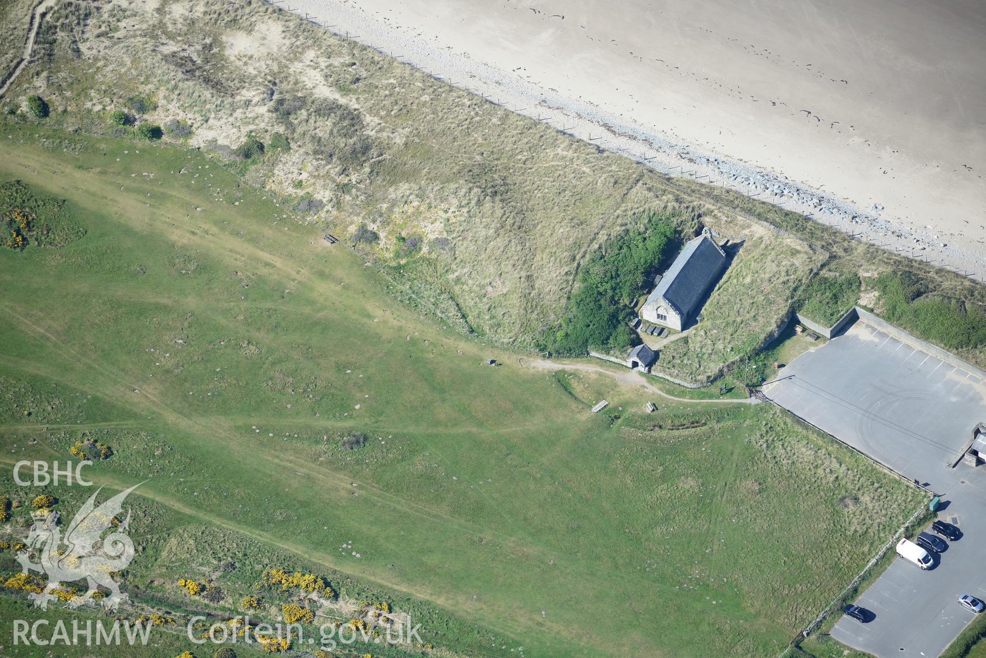 Aerial photography of St Tanwg's Church taken on 3rd May 2017.  Baseline aerial reconnaissance survey for the CHERISH Project. ? Crown: CHERISH PROJECT 2017. Produced with EU funds through the Ireland Wales Co-operation Programme 2014-2020. All material