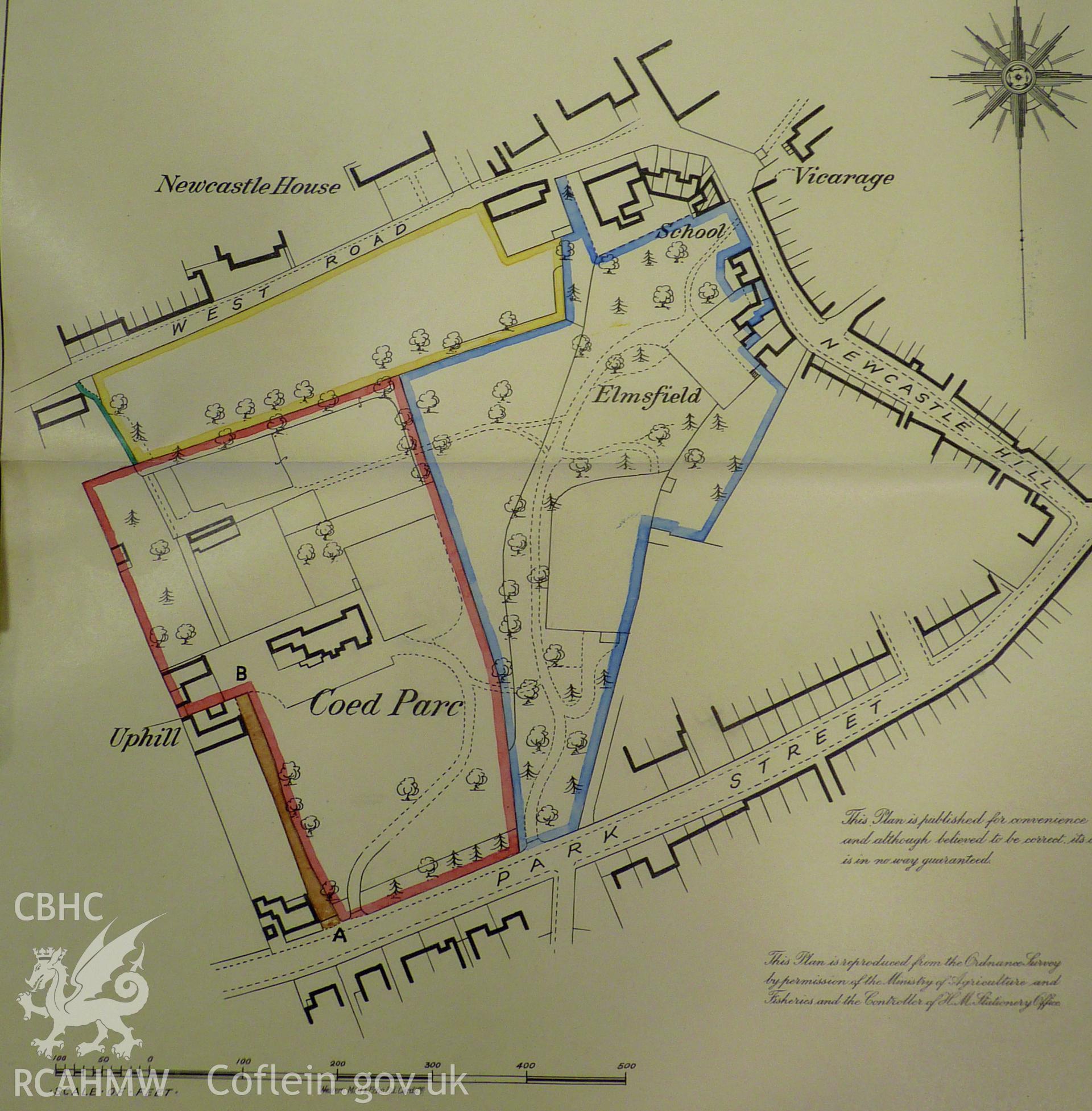 Sale Plan of Coed Park from 1938. Associated with archaeological work carried out at Coed Parc, Newcastle, Bridgend, by Archaeology Wales, 2016.