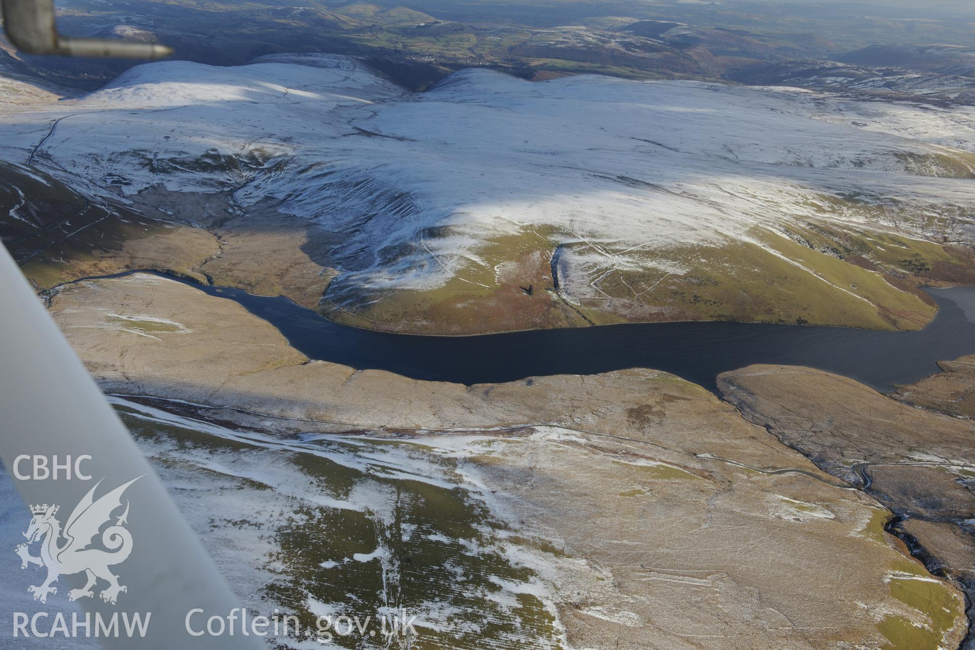 Craig Coch reservoir at the Elan Valley Water Scheme, west of Rhayader. Oblique aerial photograph taken during the Royal Commission's programme of archaeological aerial reconnaissance by Toby Driver on 4th February 2015.