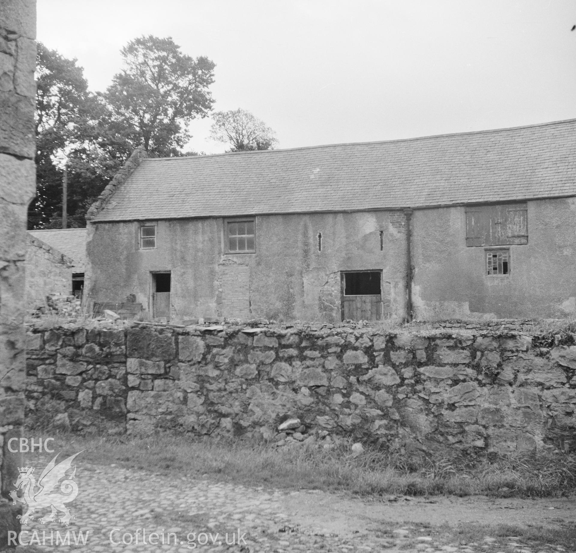 Digital copy of an undated nitrate negative showing view of estate buildings at Bodrhyddan Hall, Rhuddlan, Flintshire.