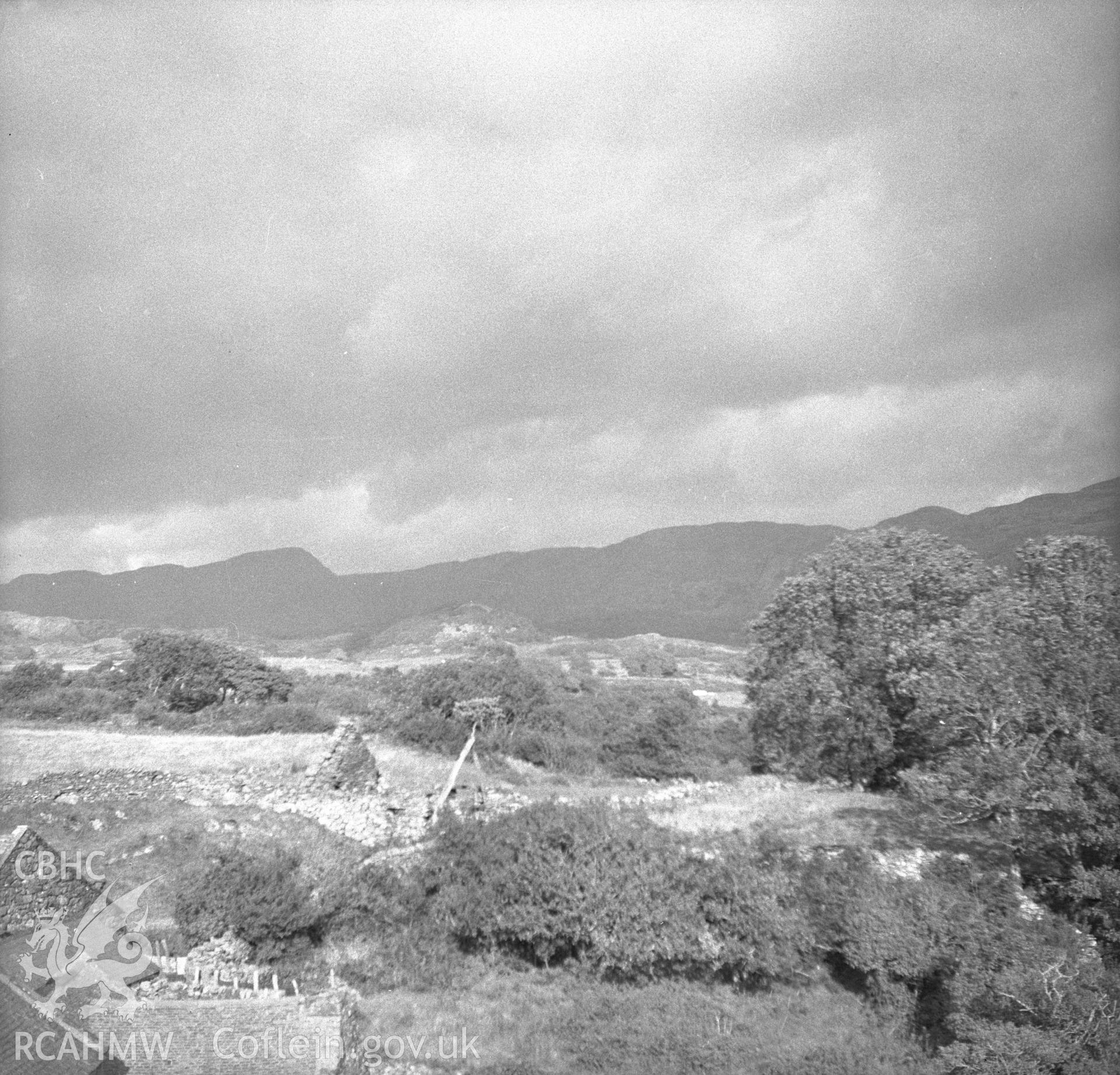 Digital copy of an undated nitrate negative showing landscape view of Coed Mawr, Merioneth.