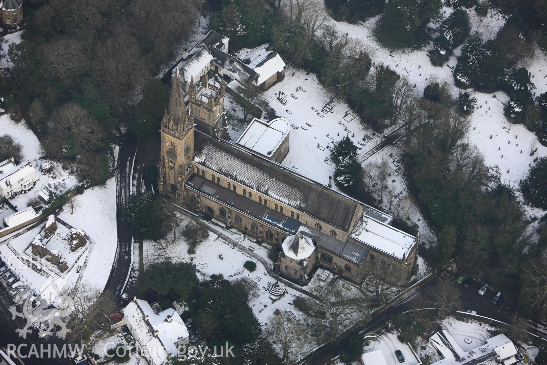 Llandaff Cathedral, Llandaff Cathedral bell tower and the Old Choir college, Llandaff, Cardiff. Oblique aerial photograph taken during the Royal Commission?s programme of archaeological aerial reconnaissance by Toby Driver on 24th January 2013.