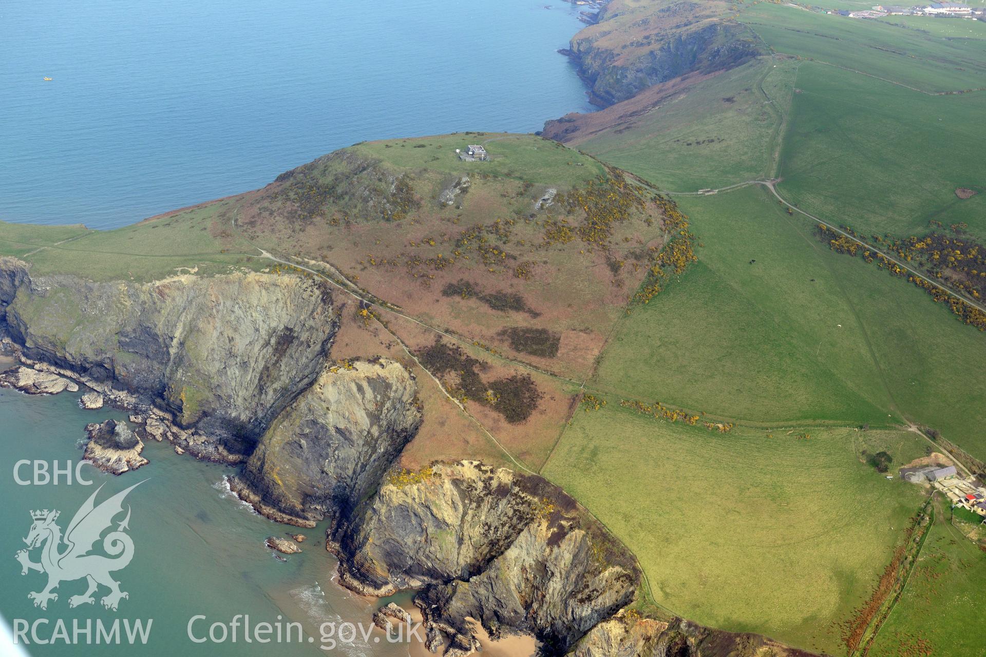 Aerial photography of Pen Dinas Lochtyn taken on 27th March 2017. Baseline aerial reconnaissance survey for the CHERISH Project. ? Crown: CHERISH PROJECT 2019. Produced with EU funds through the Ireland Wales Co-operation Programme 2014-2020. All material made freely available through the Open Government Licence.