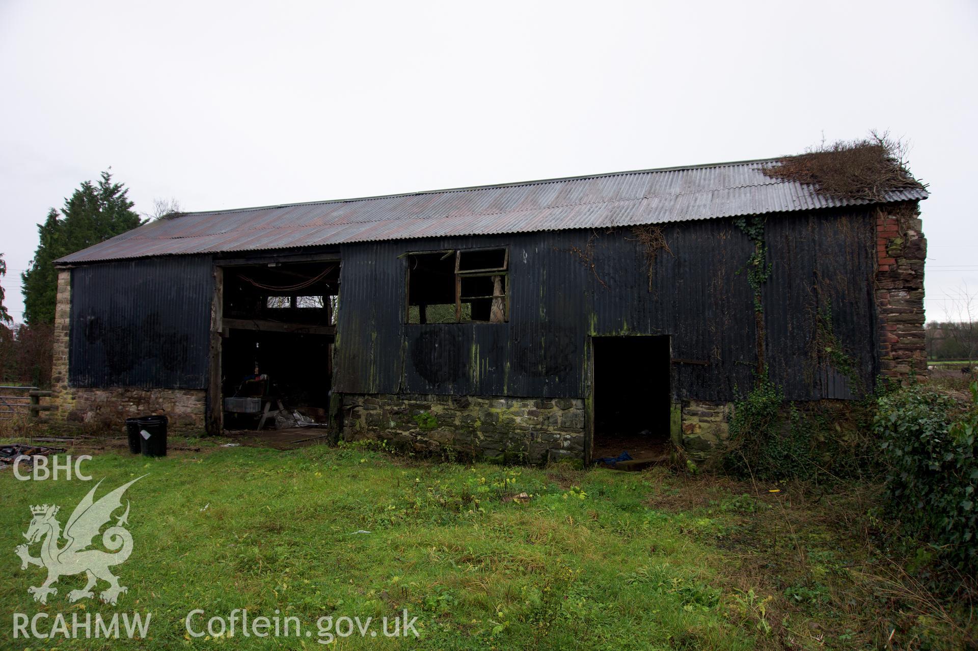 South elevation of Middle Ton Threshing Barn. Photographed for the Historic Building Photographic Record of Middle Ton Threshing Barn, Llanvapley, by Dan Courtney of Cog Architects, 2019.