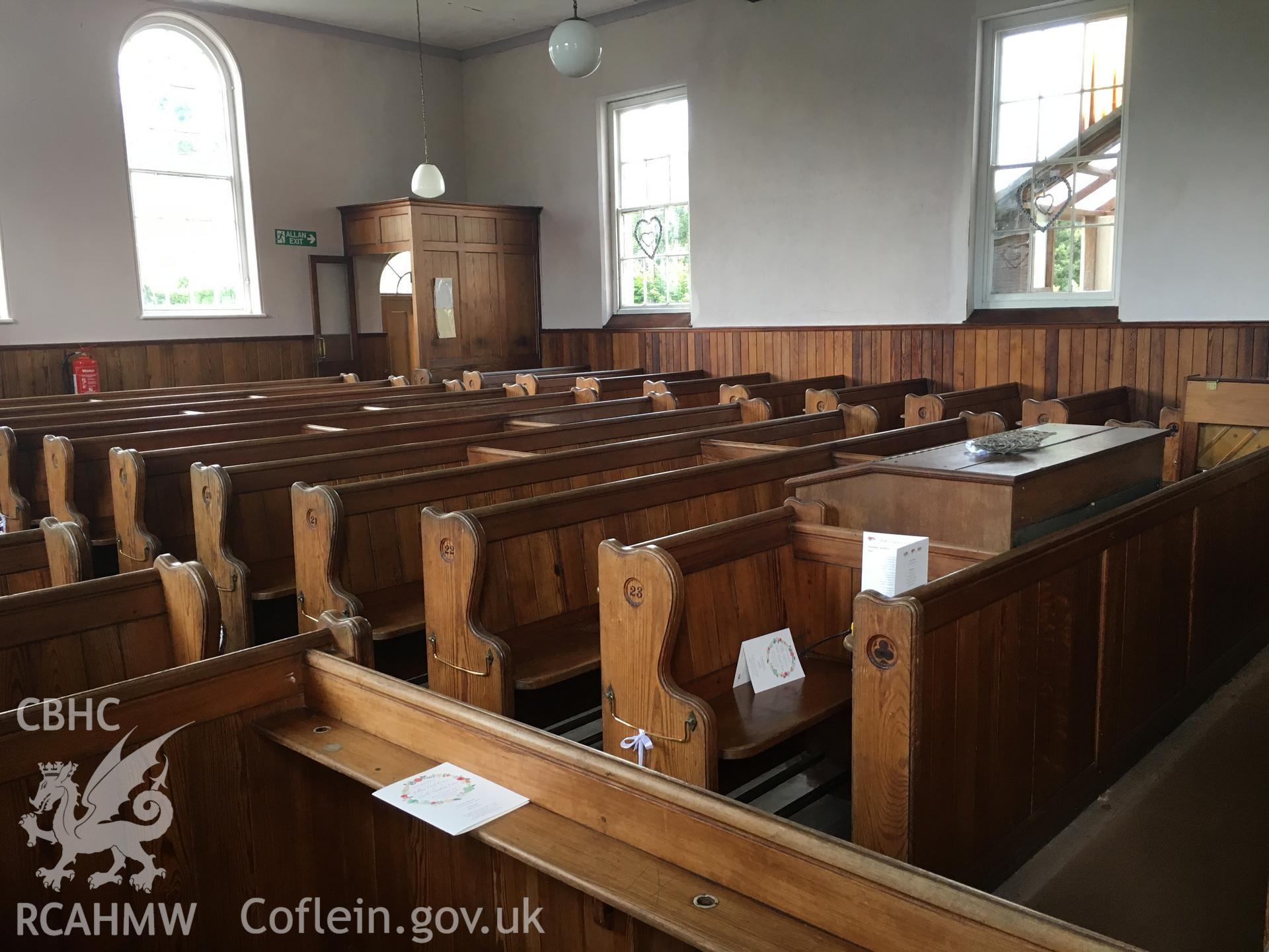 Photograph showing interior view before work began at the former Llawrybettws Welsh Calvinistic Methodist chapel, Glanyrafon, Corwen. Produced by Tim Allen on 18th August 2017 to meet a condition attached to planning application.