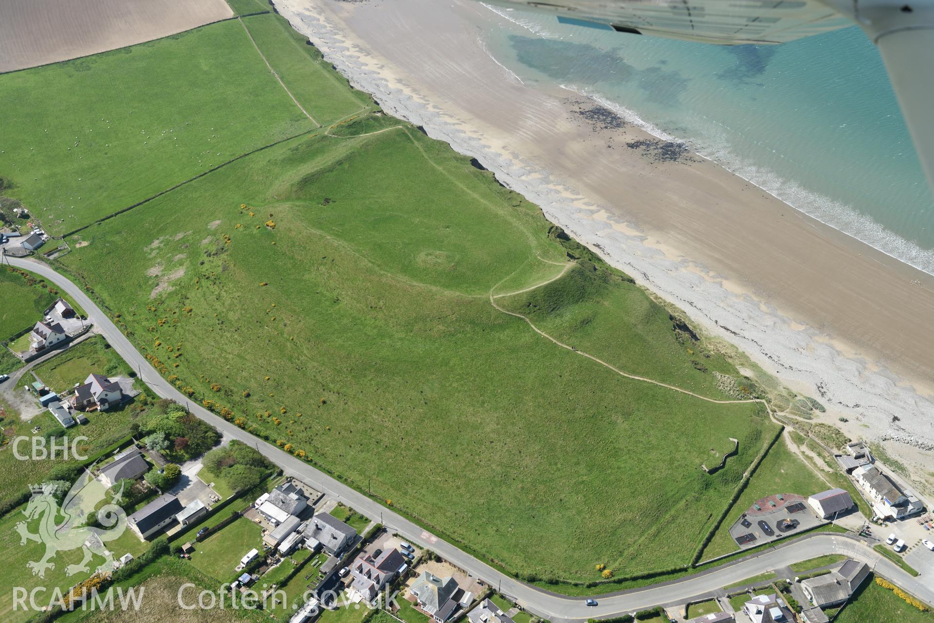 Aerial photography of Dinas Dinlle taken on 3rd May 2017.  Baseline aerial reconnaissance survey for the CHERISH Project. ? Crown: CHERISH PROJECT 2017. Produced with EU funds through the Ireland Wales Co-operation Programme 2014-2020. All material made