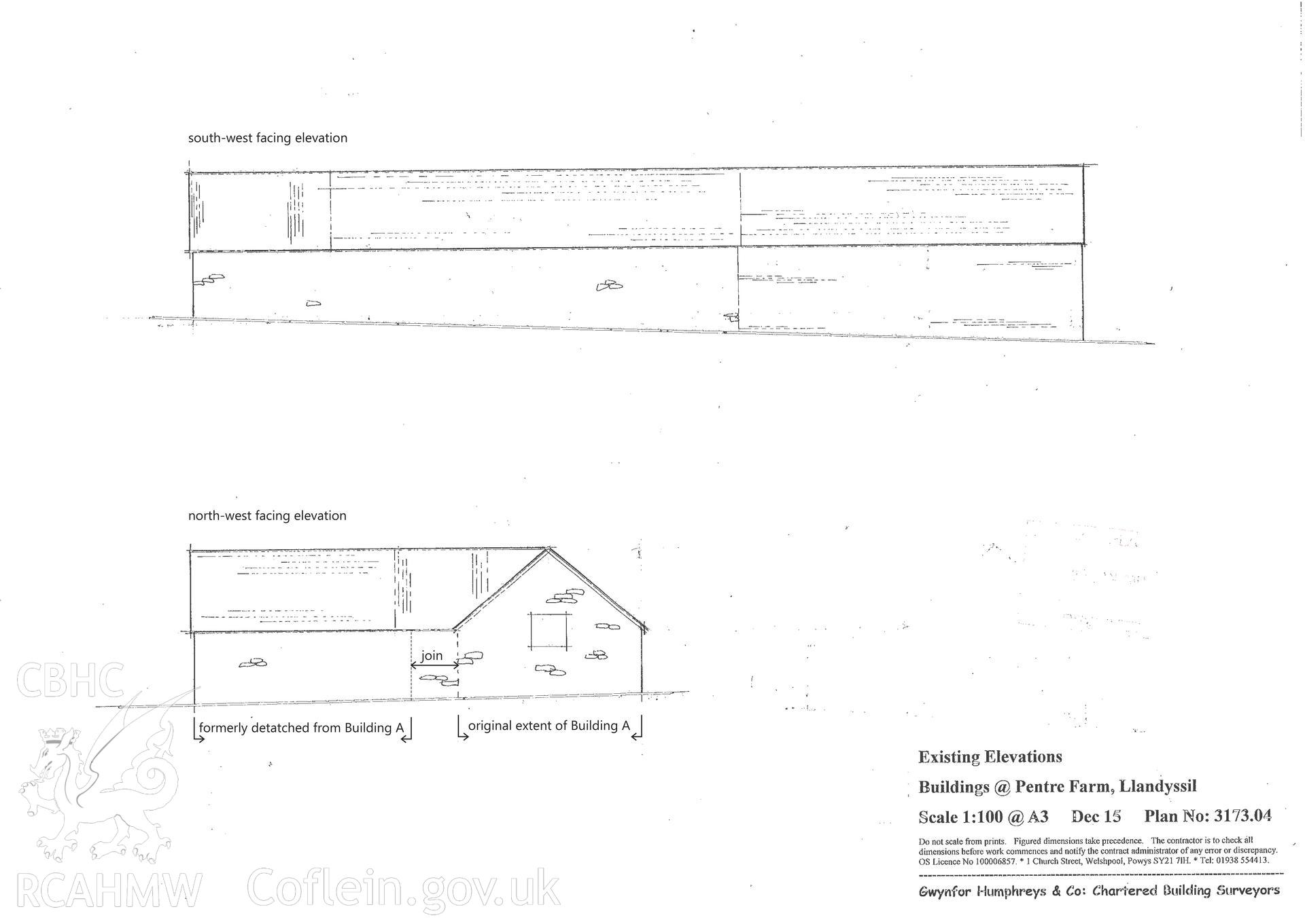'Building A elevations' used as report illustration for CPAT Project 2414: Pentre Barns, Llandyssil, Powys - Building Survey. Prepared by Kate Pack of Clwyd Powys Archaeological Trust, 2019. Report no. 1694.